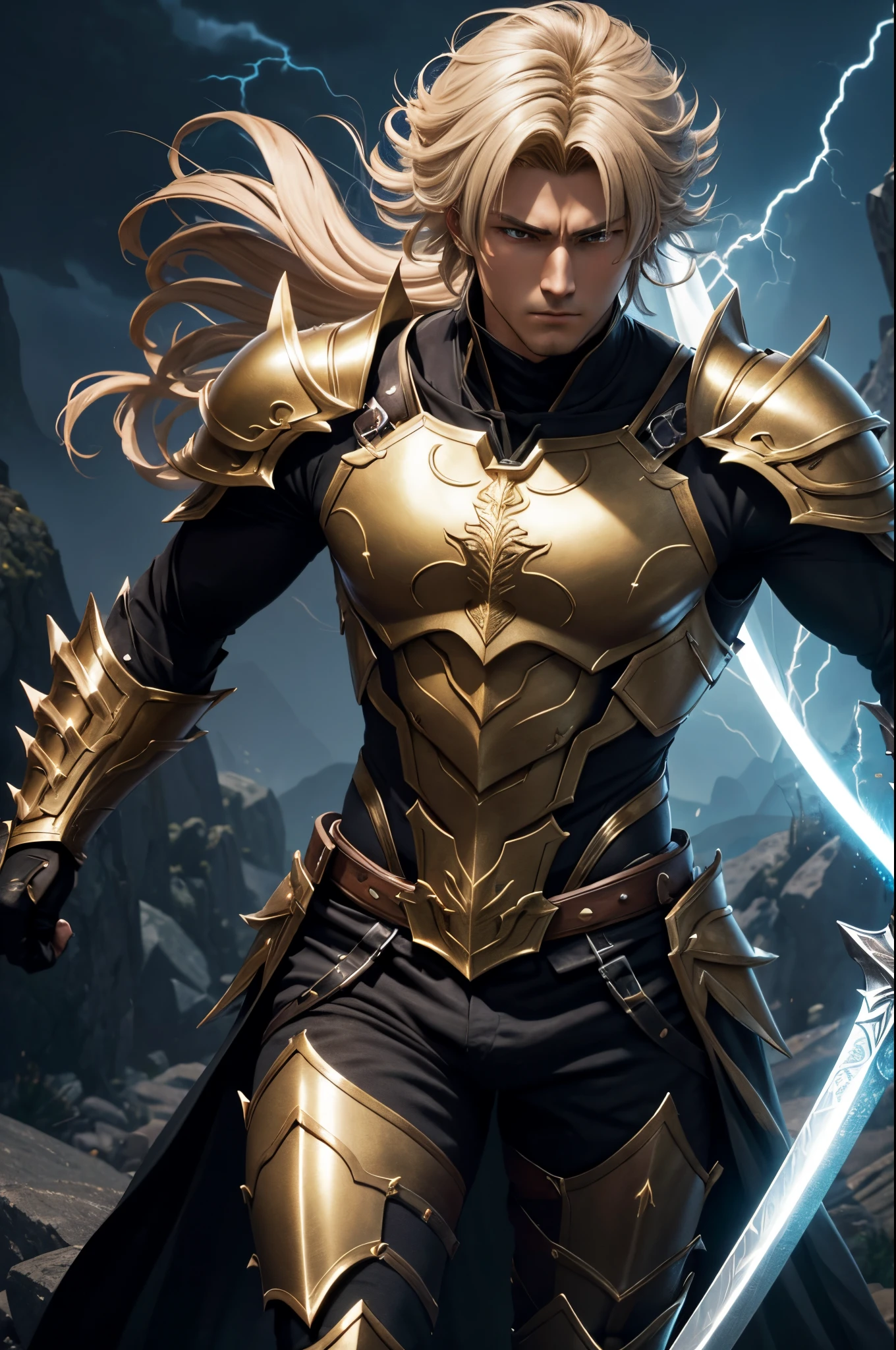 8K,Araphed man wearing jet black armor、Handsome young man(Like the real thing)A hero with a huge sword,spiky blonde hair,Golden decoration,Unreal Engine Rendering Saint Seiya、trending on artstationh、Diobrando,highly detailed exquisite fanart、3 D rendering character art 8 K、Highly detailed artgerm、black armor、muscular male hero、Handsome man in demon slayer art、Range Murata and Artgerm,A large number of lightning(Lightning Effects)action in the wilderness,combat scene,超A high resolution,Details of ultra-precise great sword,Beautiful expression,real looking skin,