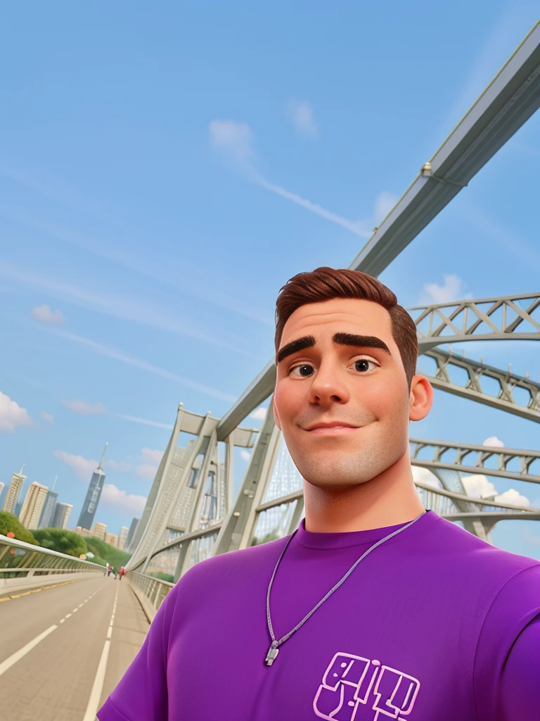 fit man in purple shirt standing on the bridge with the city in the background, Pewdiepie selfie em uma ponte, Streamer do Twitch / Jogador Ludwig, Anton Fadeev 8 K, foto de perfil 1024px, he is! cerca de 3 0 anos de idade, Fotografia selfie 8k, Vitaly Bulgarov, 2 3 anos, 2 7 anos, em uma ponte
