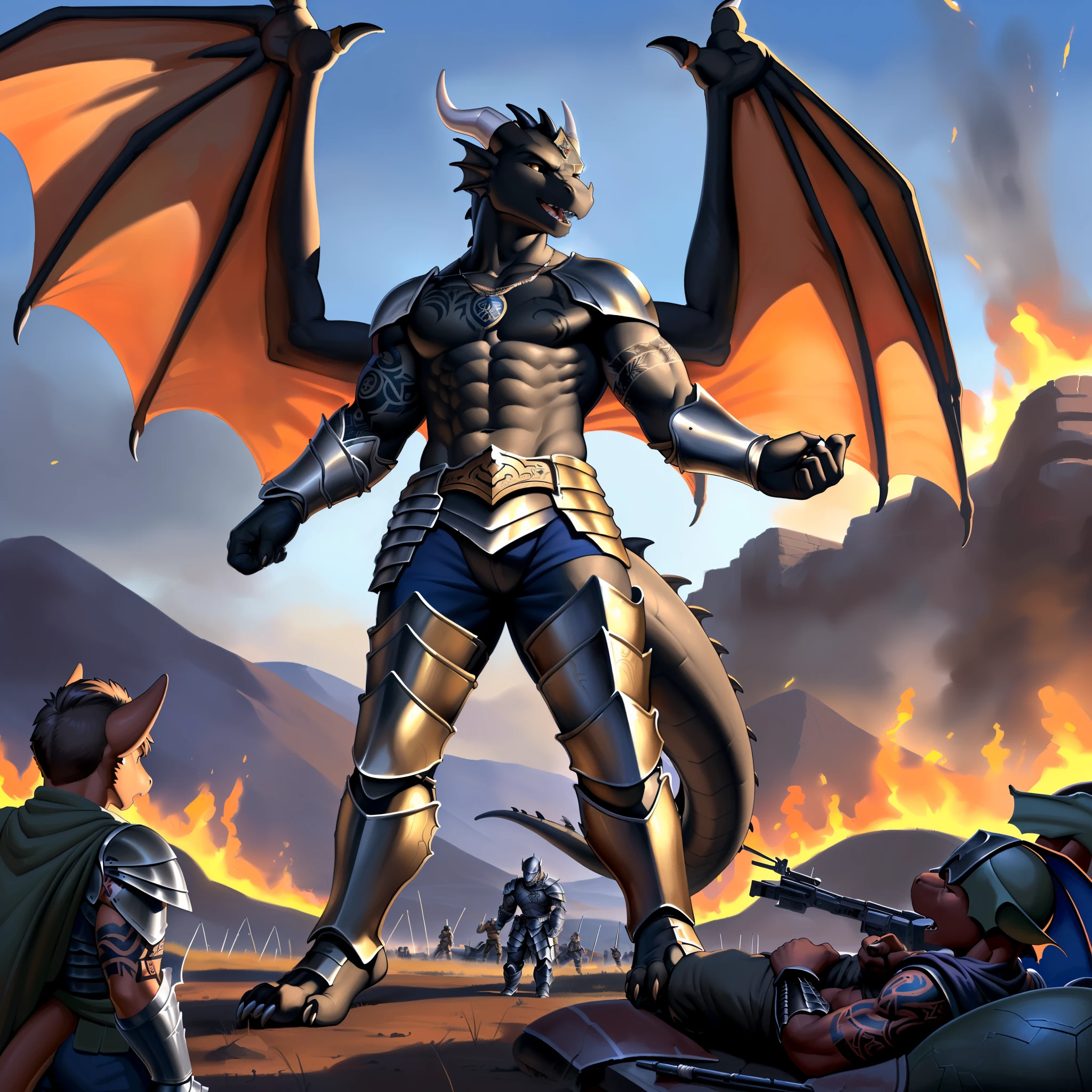 (masterpiece, best quality, high quality, highres:1.4), detailed, extremely detailed, dark lighting, 4K, (by ruaidri), yupa, kiyosan,(by meesh), (by fffffolder)), delga: (slim, athletic, dragon, (((black body))), smooth skin, athletic muscle, anthro legs, Godly appearance, ((skin glowing)), glowing skin, ((young)), (dragon feet), (toe claw), black spikes, (detailed eyes), dragon horn, ((dragon tail)), tail attached to waist, 1tail, ((dragon wings)), bare_shoulders, (clothing, handwear:(vambraces), bottomwear:(pants:black, ((leg armor))), beautiful, (((heroic aura))), closed_mouth, covered in tattoos, has tattoos, tattoos covering the chest and arms, tattoo sleeves on both arms, ((war veteran)), ((battlefield)), on a battlefield, surrounded by fire, corpses, royal