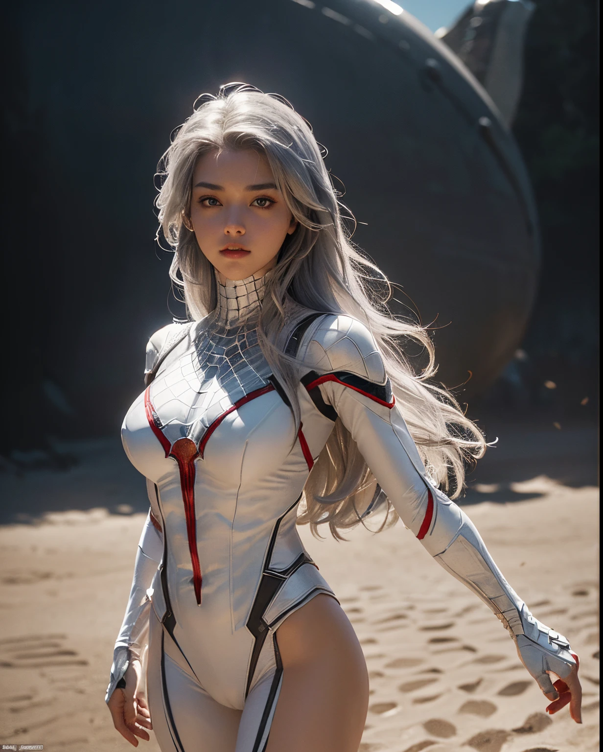 (Extreme Detail CG Unity 8K wallpaper, masterpiece, highest quality), (Exquisite lighting and shadow, highly dramatic picture, Cinematic lens effect), a girl in a white Spider-Man costume, microkini, silver gray hair color, from the Spider-Man parallel universe, Wenger, Marvel, Spider-Man, she runs in the sand, Giant Dinosaur is behind, dynamic pose), (excellent detail, excellent lighting, wide angle), (excellent rendego on desert, enough to stand out in its class), focus on white Spider-Man costumes, complex spider textures