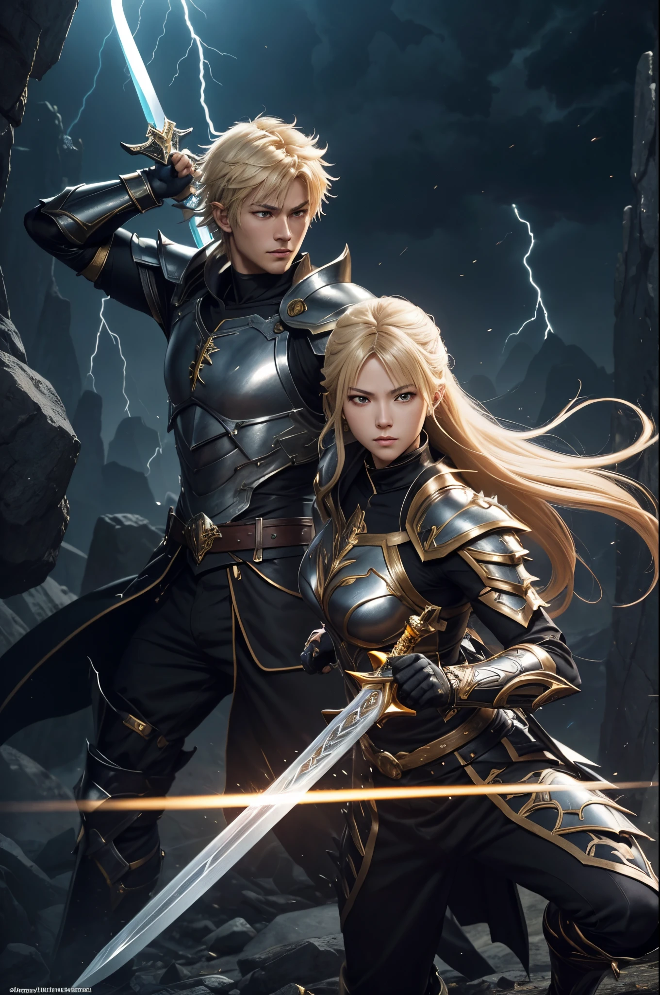 8K,Araphed man wearing jet black armor、Handsome young man(Like the real thing)A hero with a huge sword,spiky blonde hair,Golden decoration,Unreal Engine Rendering Saint Seiya、trending on artstationh、Diobrando,highly detailed exquisite fanart、3 D rendering character art 8 K、Highly detailed artgerm、black armor、muscular male hero、Handsome man in demon slayer art、Range Murata and Artgerm,A large number of lightning(Lightning Effects)action in the wilderness,combat scene,超A high resolution,Details of ultra-precise great sword,Beautiful expression,real looking skin,