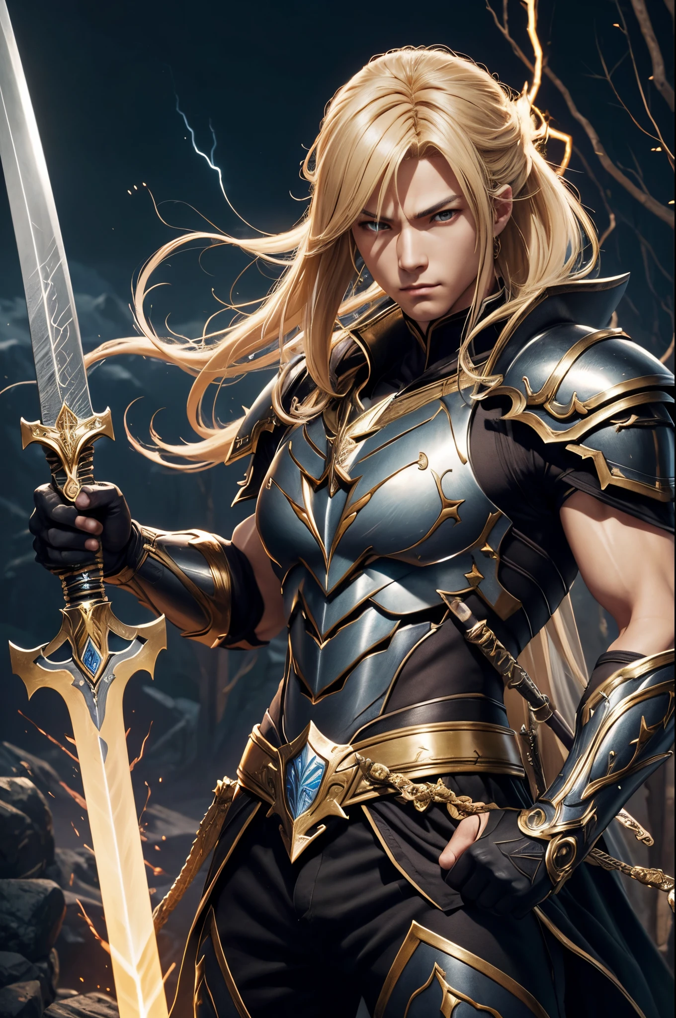8K,Araphed man wearing jet black armor、Handsome young man(Like the real thing)A hero with a huge sword,spiky blonde hair,Golden decoration,Unreal Engine Rendering Saint Seiya、trending on artstationh、Diobrando,highly detailed exquisite fanart、3 D rendering character art 8 K、Highly detailed artgerm、black armor、muscular male hero、Handsome man in demon slayer art、Range Murata and Artgerm,A large number of lightning(Lightning Effects)action in the wilderness,combat scene,超A high resolution,Details of ultra-precise great sword,Beautiful expression,real looking skin,1 great sword,