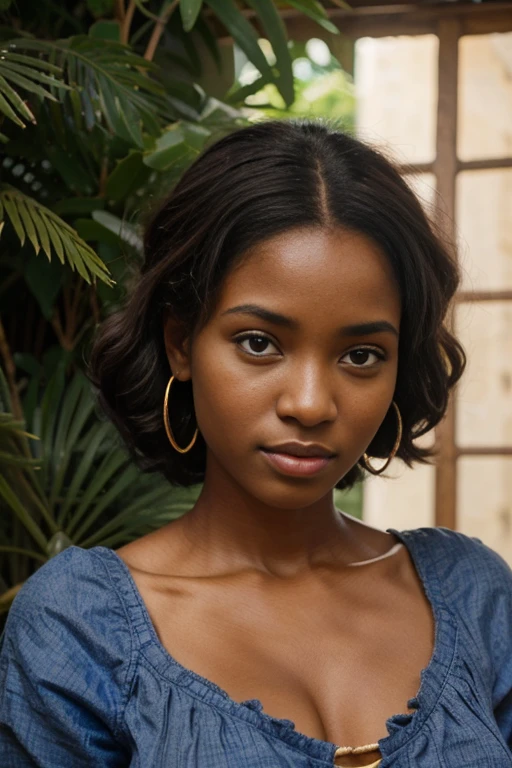 superbe fille africaine, cheveux bouclés cour, yeux bleus, hyper realistic, chemise, plantureuse poitrine, ornement au cou, boucle d'oreilles, Percing au nez