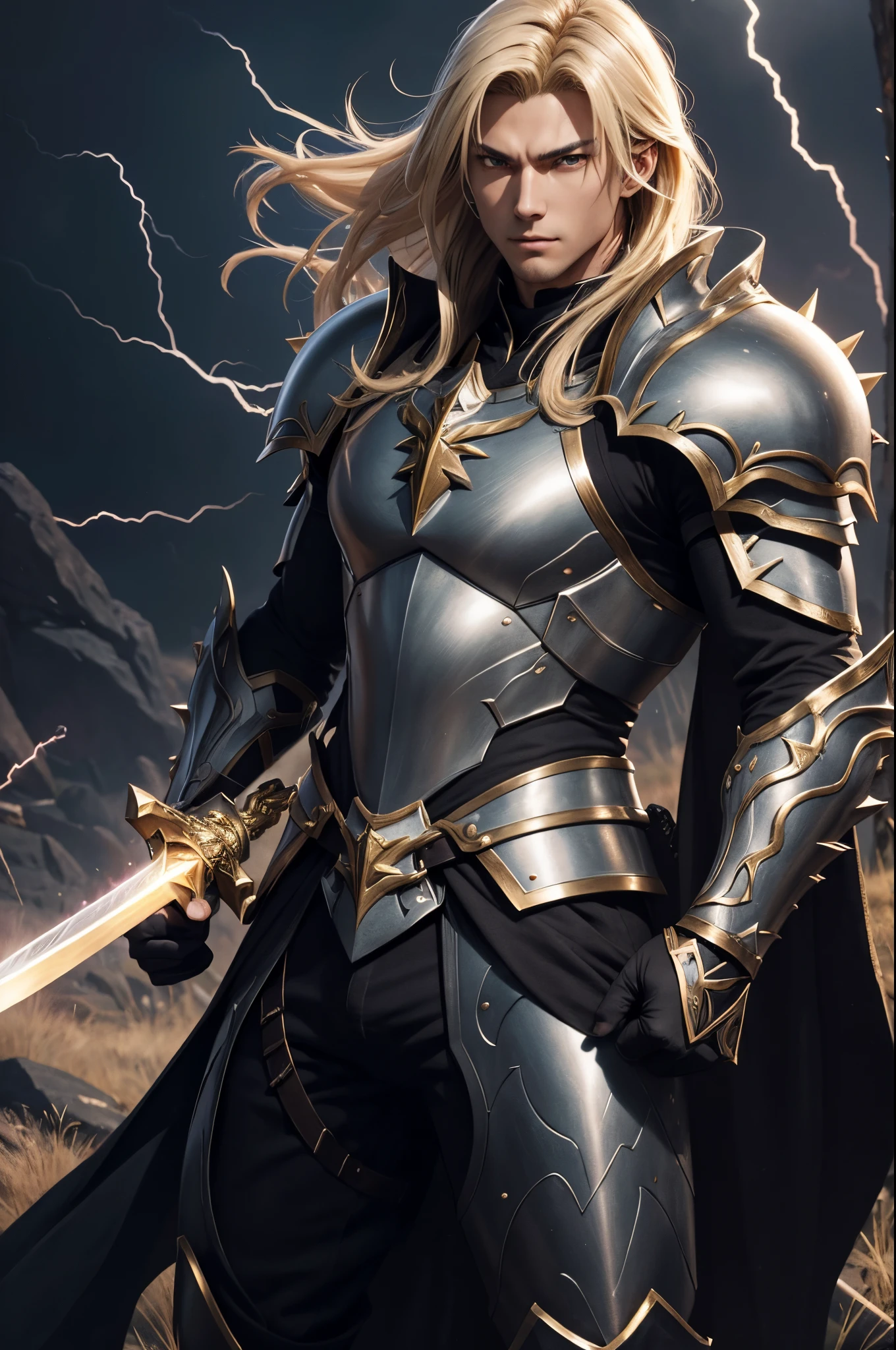 8K,Araphed man wearing jet black armor、Handsome young man(Like the real thing)A hero with a huge sword,spiky blonde hair,Golden decoration,Unreal Engine Rendering Saint Seiya、trending on artstationh、Diobrando,highly detailed exquisite fanart、3 D rendering character art 8 K、Highly detailed artgerm、black armor、muscular male hero、Handsome man in demon slayer art、Range Murata and Artgerm,A large number of lightning(Lightning Effects)action in the wilderness,combat scene,超A high resolution,Details of ultra-precise great sword,Beautiful expression,real looking skin,