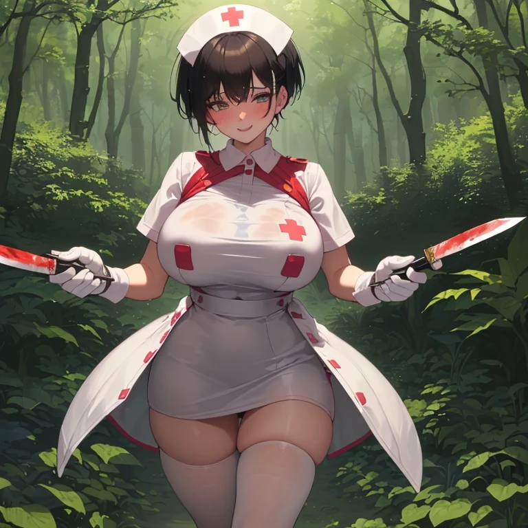 ((1 woman in sexy nurse outfit)),((medium breasts)),((happy face, in a forest, blushing, face, holding a knife with blood)),((walking, wet pussy, nipples erect)),((very large pubic hair)),((short black hair with a white stripe)),((facing the viewer, in a forest)),