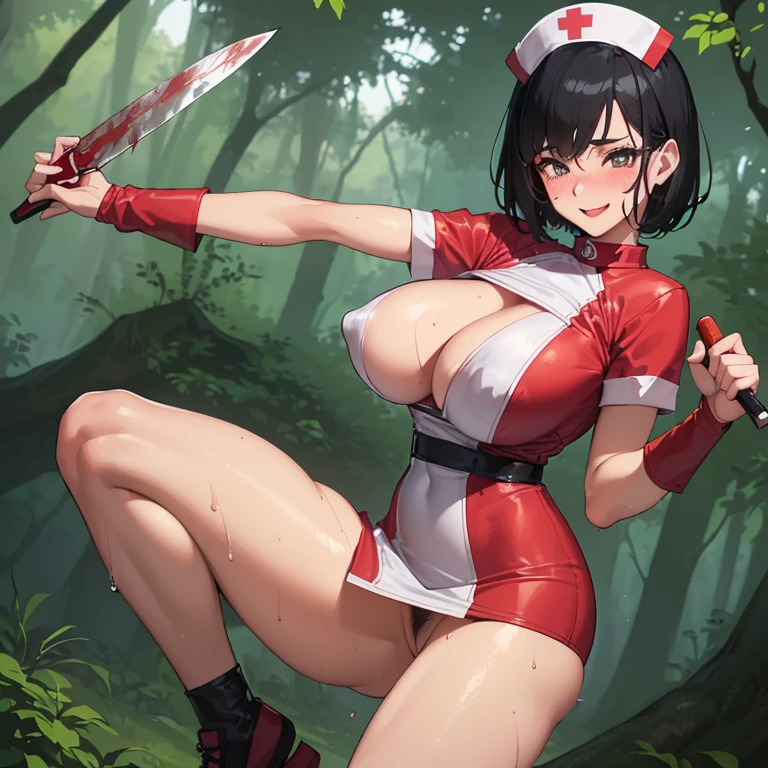 ((1 woman in sexy nurse outfit)),((medium breasts)),((happy face, in a forest, blushing, face, holding a knife with blood)),((walking, wet pussy, nipples erect)),((very large pubic hair)),((short black hair with a white stripe)),((facing the viewer, in a forest)),