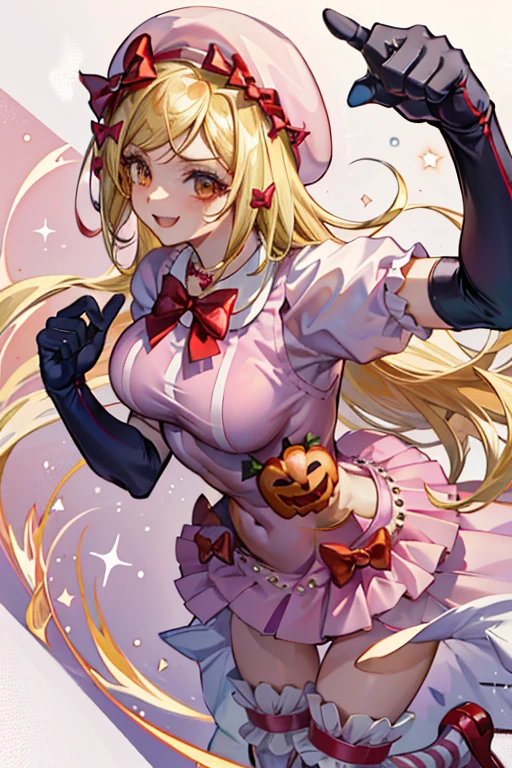 (masterpiece),(best quality), lambdadelta, dress, shoes bow, red shoes, striped stockings, red bow, pink hat, pumpkin brooch, necklace, gloves, pearl, walking, smile, ((Tight leotard)), ((sexy pose)), ((Wrestling ring)), (Big tits), (Wide hips), looking at the viewer,