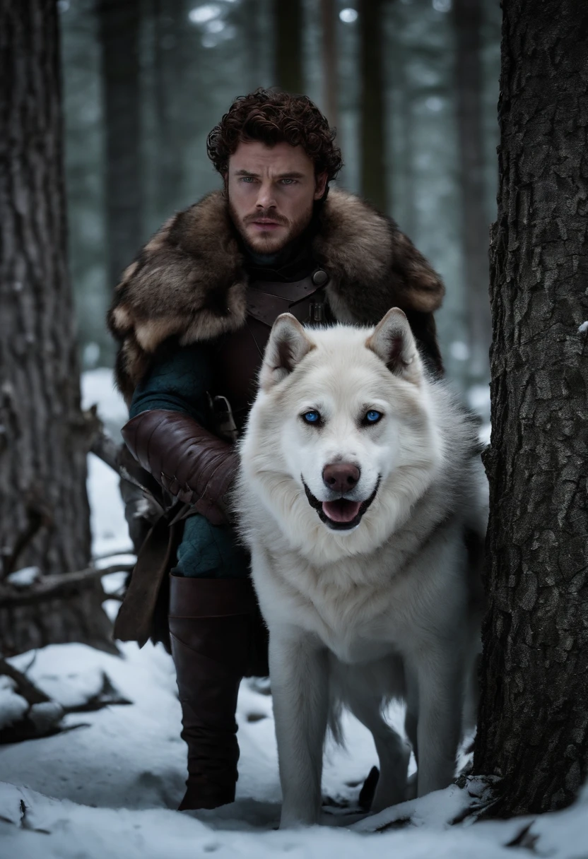 A photo of Robb and his direwolf hunting in the woods,Game of Thrones TV series,Robb Stark has curly auburn hair, blue eyes, and stubble. Famously portrayed by Richard Madden.