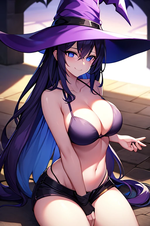 Breasts, witch, purple eyes, blue eyes, long hair, witch hat, shadows, darkness, dark, magic, smile, shirt, pants