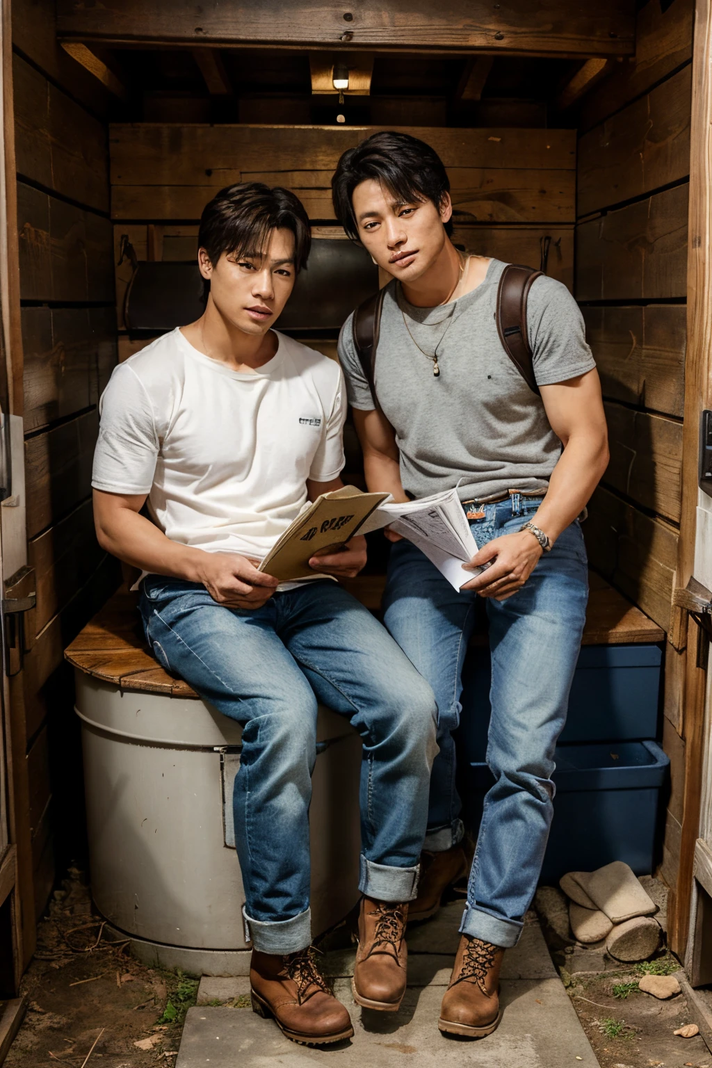 Jungkook and Keiji Tanaka wearing Timberlands boots and jeans sitting in an outhouse while reading some papers