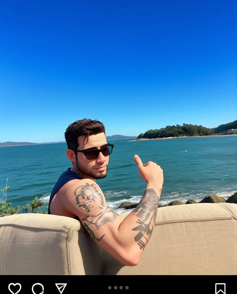 there is a man sitting on a couch with a tattoo on his arm, imagem de perfil, dando os polegares para cima, foto de perfil, foto de perfil 1024px, Abel Tasman, 3 2 anos, dando um polegar para cima, caio santos, em um dia ensolarado, Homem de 26 anos em um veleiro, vacation photo, 2 8 anos