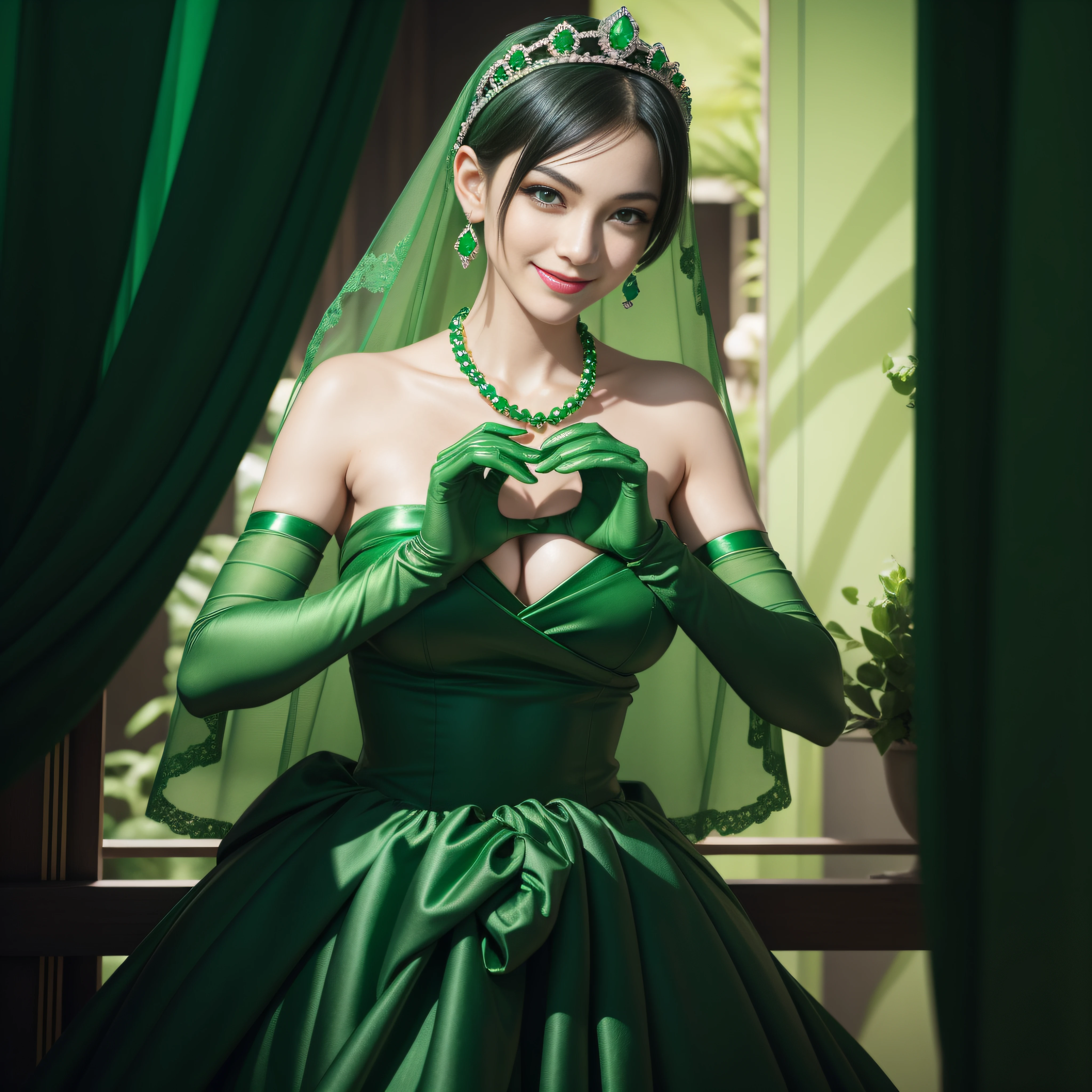 emerald tiara, Green Pearl Necklace, Boyish very short green hair, lipsticks, Japan woman smiling, very short short hair, big breasts beautiful, Green eyes, Long green gloves made of satin material, Green eyes, Emerald Earrings, green vale, Heart with both hands