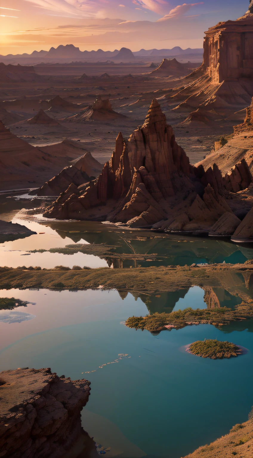 (best quality,highres),(realistic:1.37),deserted exoplanet with water puddles,different plants than on Earth,alien landscape,unique vegetation,rocky terrain,sparse vegetation,unusual colors,extraterrestrial flora,desertic scenery,fascinating ecosystem,harsh climate,alien flora and fauna,colorful exotic plants,amazing biodiversity,otherworldly landscape,dry and arid environment,unexplored planet,unusual geological formations,uninhabited celestial body,crimson skies,unfamiliar plant species,surreal atmosphere,barren land with pockets of water,exquisite details of plants,ethereal beauty of the scenery,remote and isolated location,vibrant and vivid colors,unpredictable weather patterns,other-dimensional aura,sand dunes with unique shapes,enchanted oasis,foreign greenery,sublime reflections on the water,uncanny tranquility,unseen wonders of nature,visionary artwork,remote paradise beyond imagination,majestic and mystical terrain.