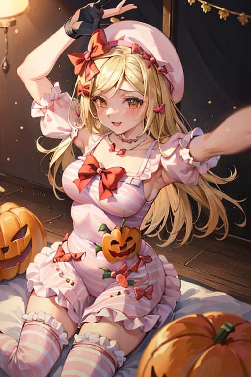 (masterpiece),(Highest quality), From Lambda, dress, Shoe bow, Red Shoes, Striped stockings, Red Bow, Pink hat, Pumpkin brooch, necklace, gloves, Pearl, Expressionless face, Hollow Eyes, ((Tight leotard)), ((Sexy pose)), ((Wrestling Ring)), (Big Breasts), (Wide Hips),
