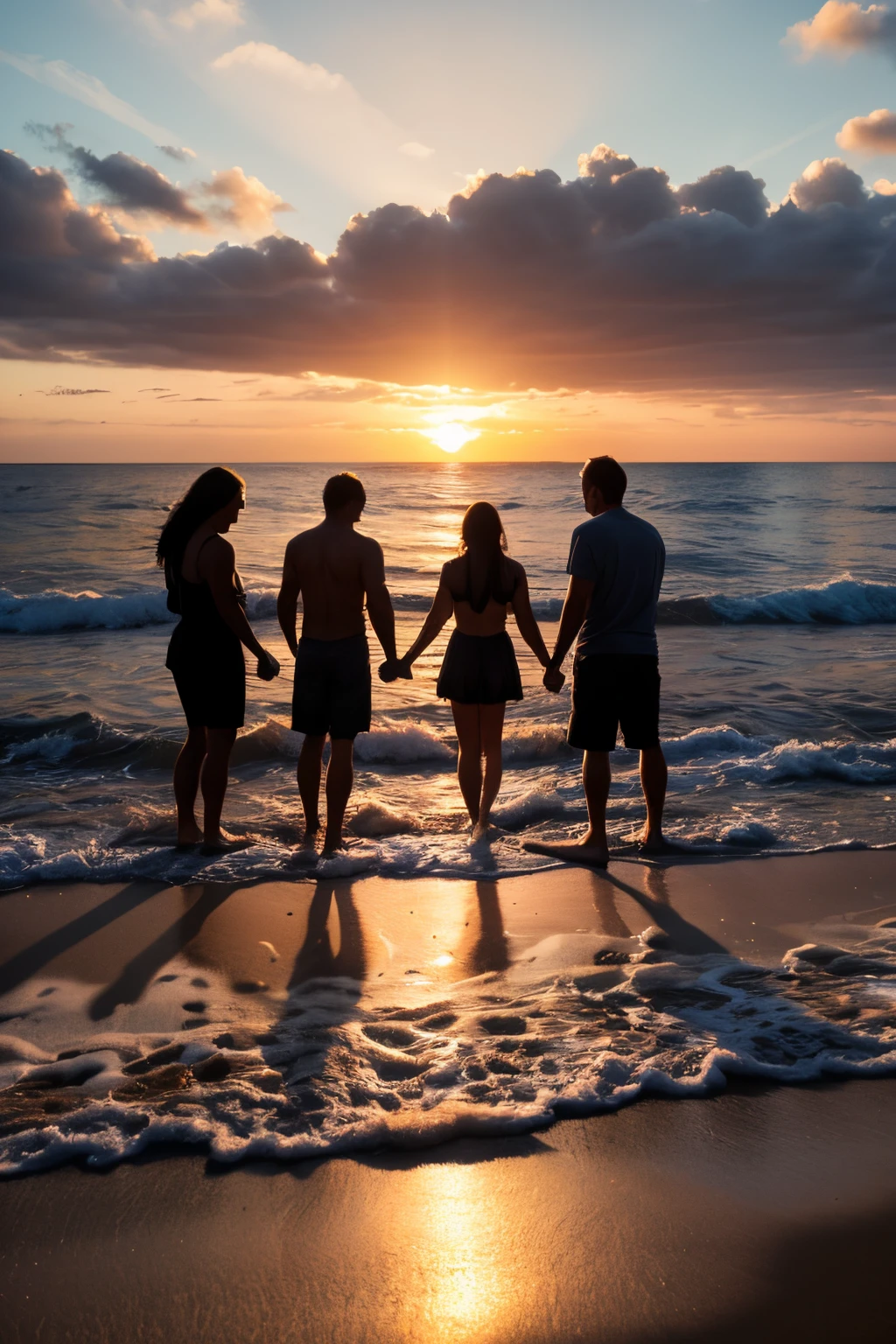 A silhouette landscape of four adults, stood on a beach, facing the sunset