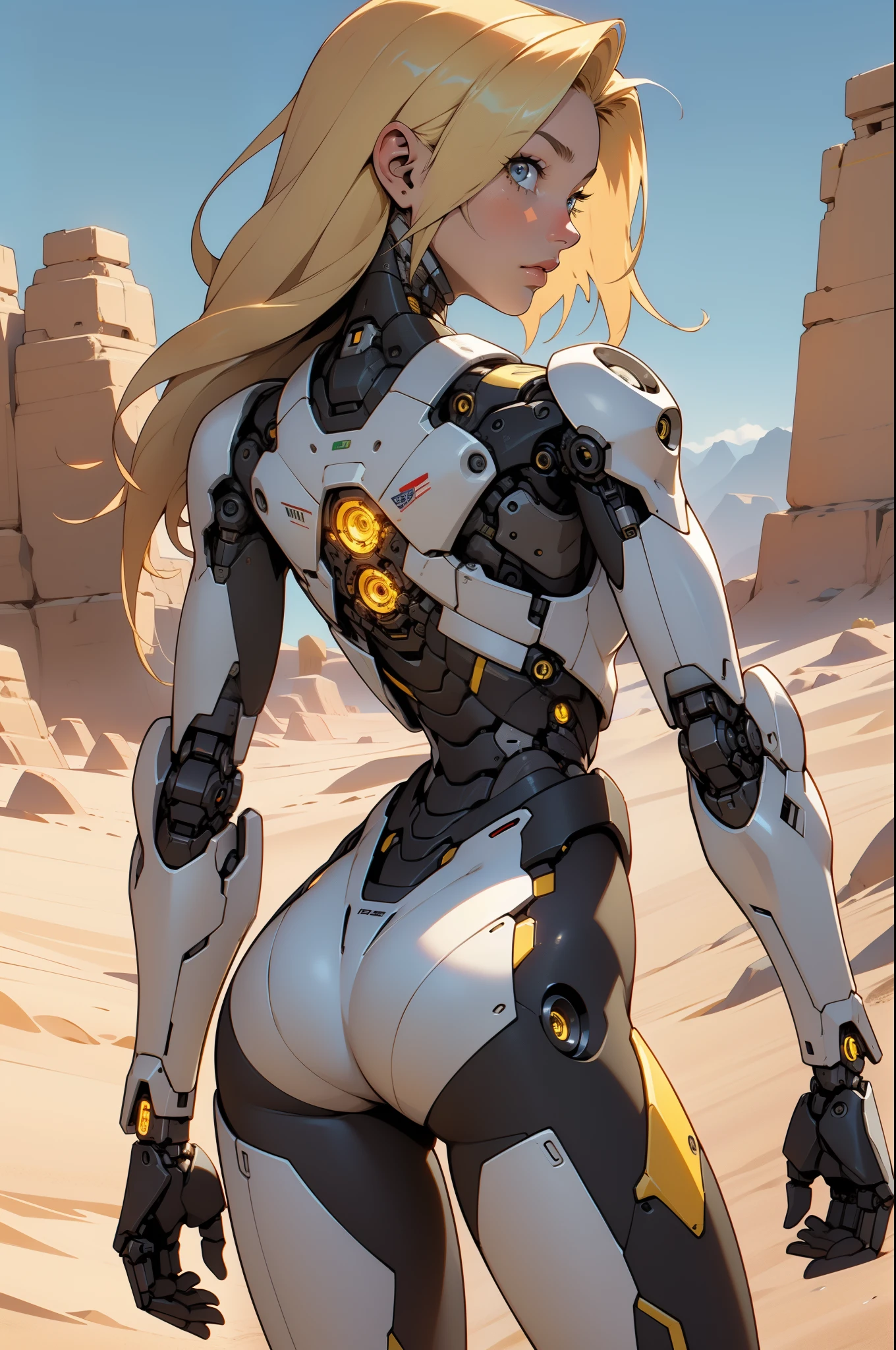 high quality, 4k, masterpiece, beautiful, cyborg girl, cowboy shot, dull eyes, back side, turning around to look at viewer, long blonde hair, girl, small breasts, fit thigh, robotic arms, robotic body, cyborg body, yellow accent, red accent, intricate detail, joint, detailed lines, robotic detail, 1fist on hip, color robotic parts, robotic parts with color, perfect fingers, on a desert planet, sunny background, colorful desert,