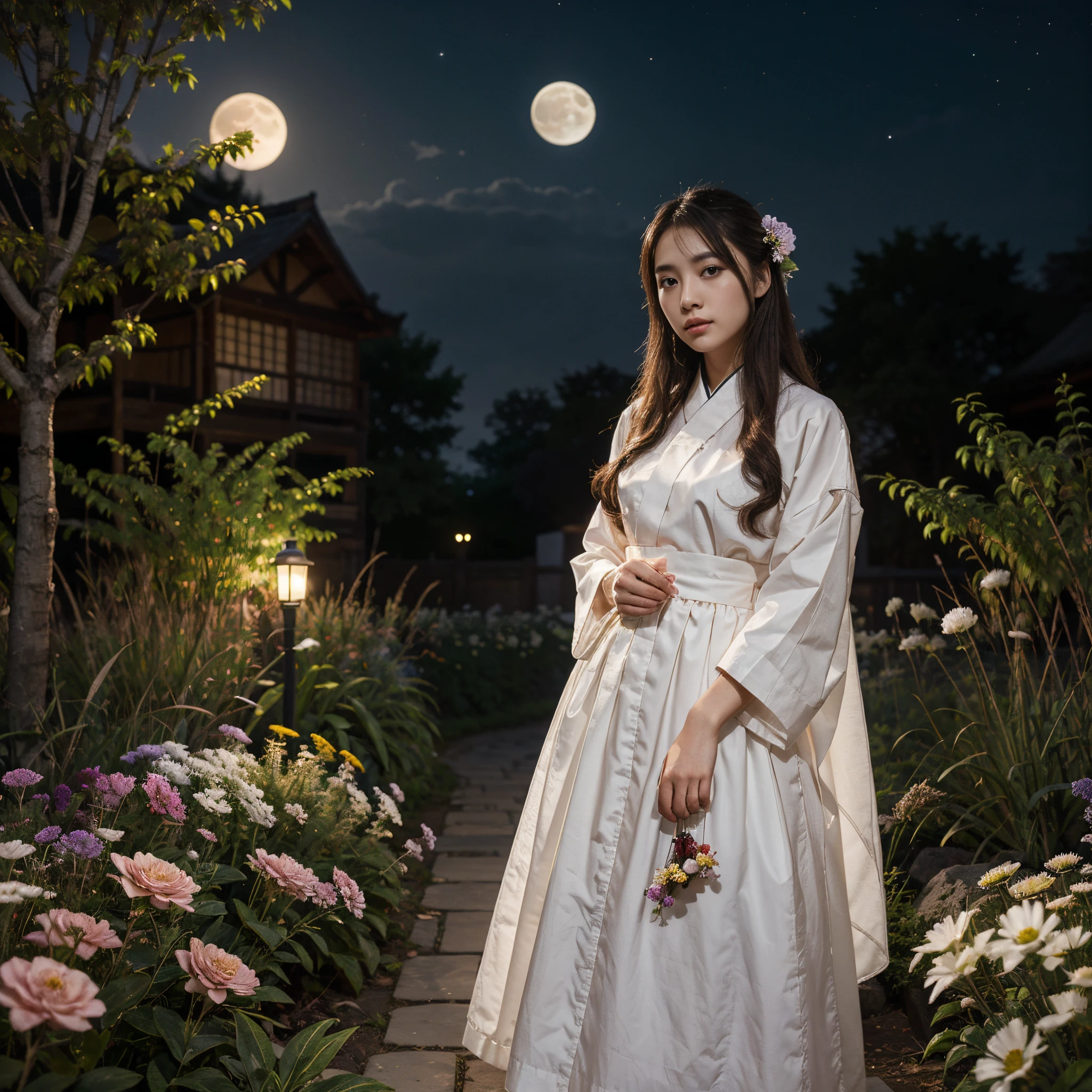 best quality, high_resolution, distinct_image, detailed background ,girl, hanbok,flower,garden,moon, night