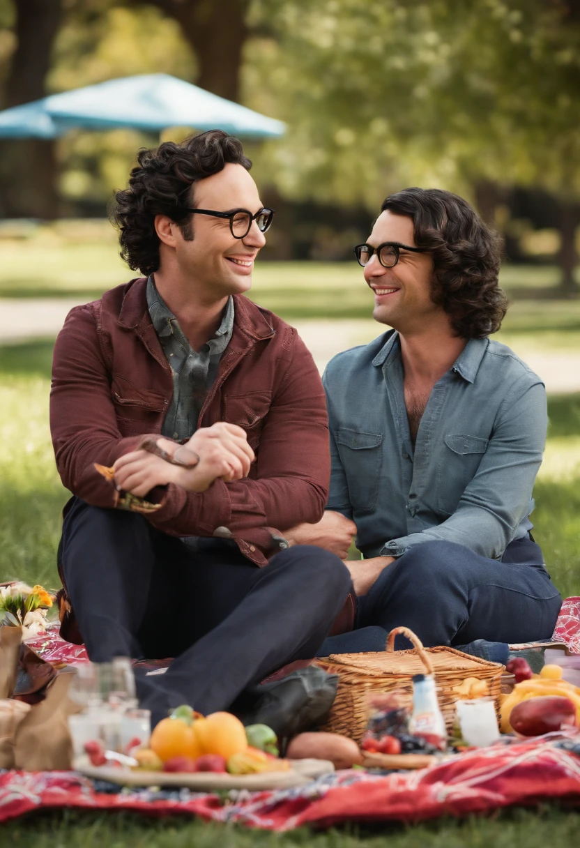 An image of Leonard sitting at the park with a picnic spread out in front of him, smiling and holding up a handmade kite,The Big Bang Theory,Leonard is short with curly black hair and glasses, portrayed by Johnny Galecki