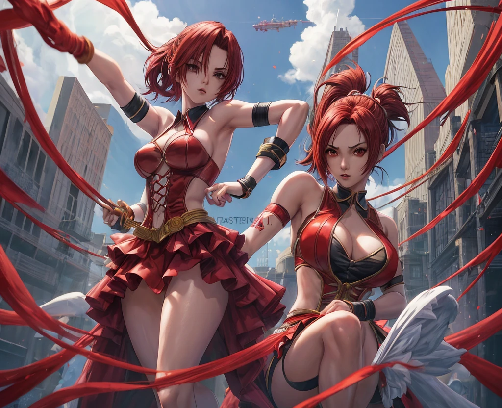 chica anime con el pelo rojo y una corbata posando para una foto, Personaje de King of Fighters, vanessa, protagonista femenina 👀 :8, Arte oficial del personaje, Personaje del juego de lucha, arte oficial de SNK, un solo personaje, con un fondo de dojo de lucha