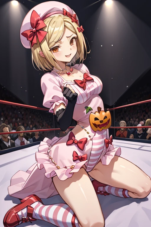 (masterpiece),(best quality), lambdadelta, dress, dress, shoes bow, striped stockings, red bow, pink hat, necklace, gloves, pearl, pumpkin brooch, ((Tight leotard)), ((sexy pose)), ((Wrestling ring)), (Big tits), (Wide hips),looking at the viewer