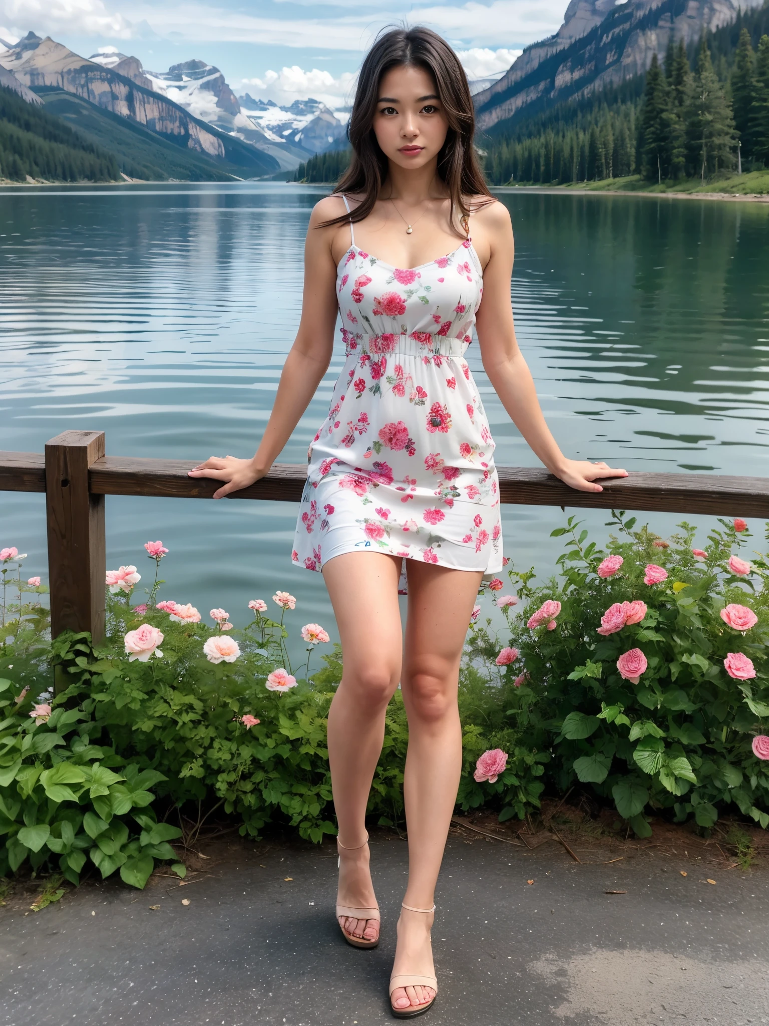 1 woman, kimmie Miso, on dock, lake louise, floral summer dress, full body shot,