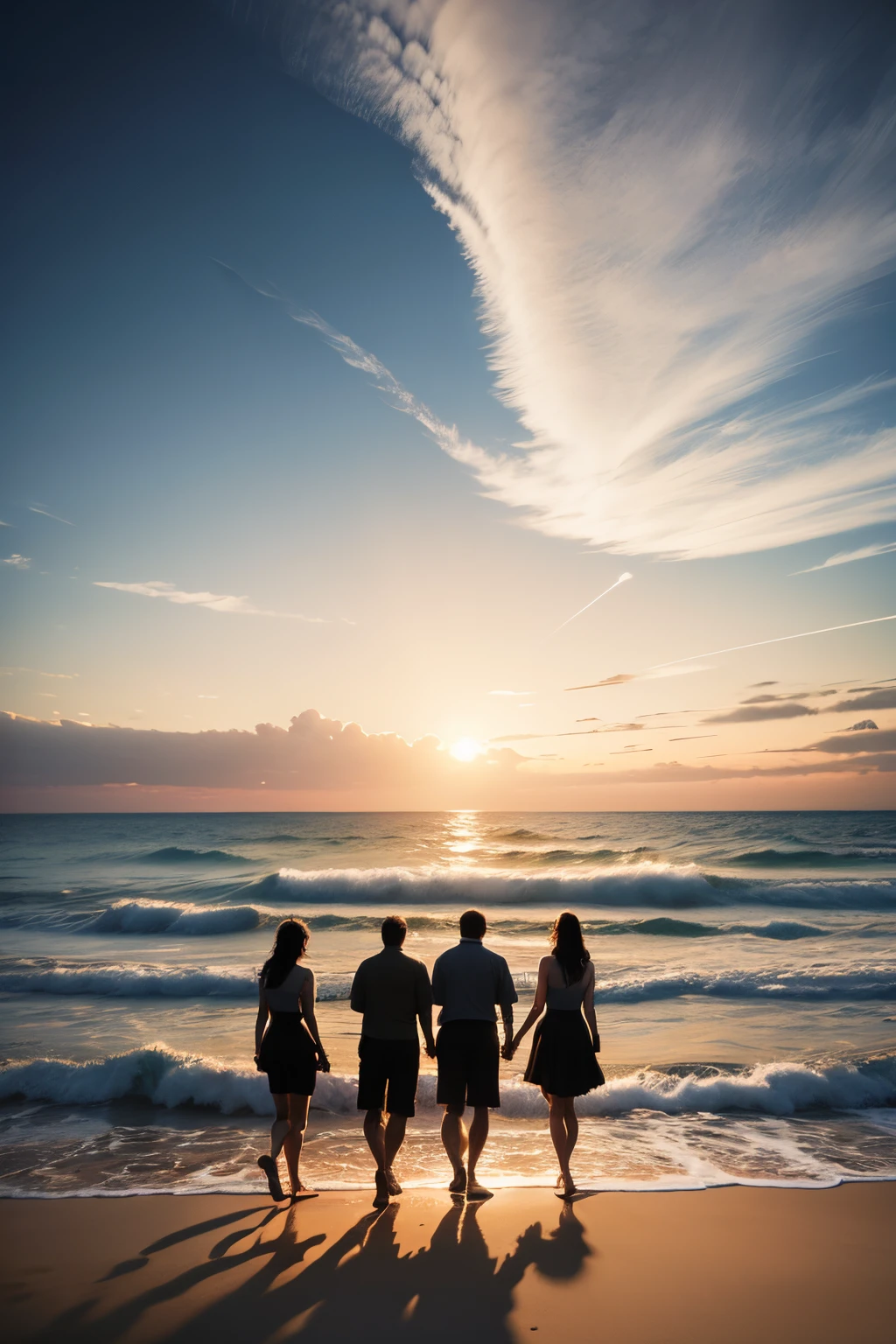 A silhouette landscape of four adults, stood on a beach, facing the sunset