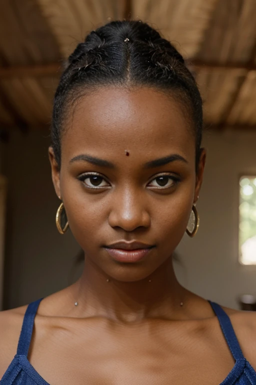 superbe fille africaine, cheveux coupe, yeux bleus, hyper realistic, plantureuse poitrine, Percing au nez, corps complete