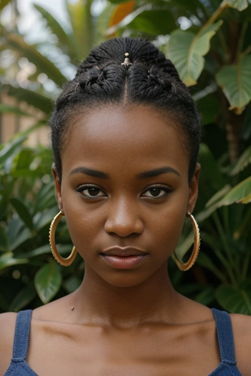 superbe fille africaine, cheveux coupe, yeux bleus, hyper realistic, plantureuse poitrine, Percing au nez, corps complete