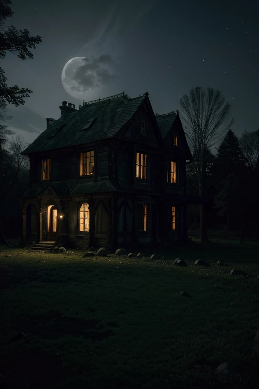 A moonlit night in the village of Eldritch, with the Whispering House looming in the background. Shadows dance across the ancient trees, and an eerie glow emanates from the derelict mansion, hinting at the mysteries within