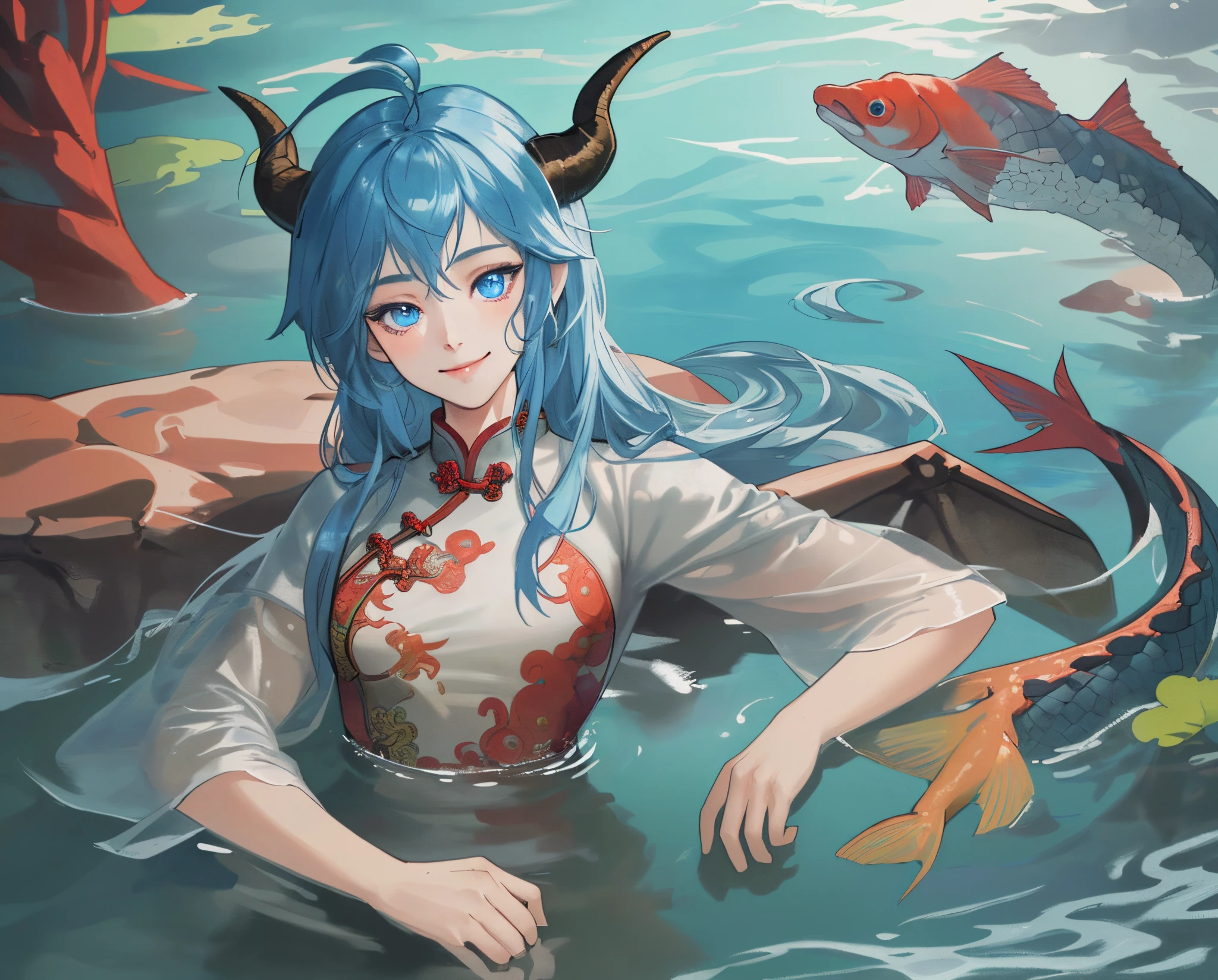 (best quality:1.3),(masterpiece:1.3),(illustration:1.3),(ultra-detailed:1.3),(imid shot:0.9),
1girl, solo, very young, upper body, short neck, small breasts, child
(soaking in stream:1.2),
dragon tail, female child, ahoge,
blue eyes, jewel-like eyes, extremely detailed eyes, extremely detailed face, closed mouth, light smile,
water, fish, ocean, horns , Chinese clothes, eastern dragon,