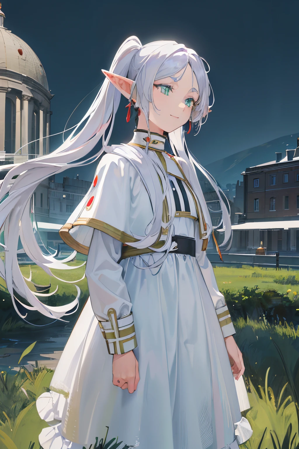 ((Frieren)), ((Masterpiece)), (highly saturated), (High Definition:1.3), (Professional Photography:1.2), wide shot, (cinematic lighting), 1girl, solo, (flat body), (smile), walking, beautiful, elf, pointy ears, white hair, (long twintails), green eyes, white dress, white cape, ((white aura emanating from her)), magic, (ragged ruins), cityscape