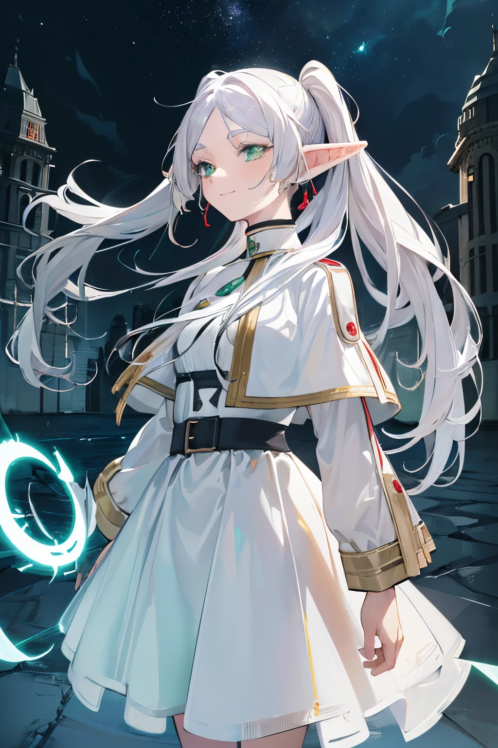 ((freeze)), ((masutepiece)), (Highly saturated), (High Definition:1.3), (Professional Photography:1.2), (Cinematic lighting), 1girl in, Solo, (flat body), (Smile), Walking, Beautiful, elf, pointy ear, White hair, (Long twintails), Green eyes, White Dress, white cape, ((A white aura emanating from her)), Magic, Magic Circle, (Shabby ruins), Cityscape