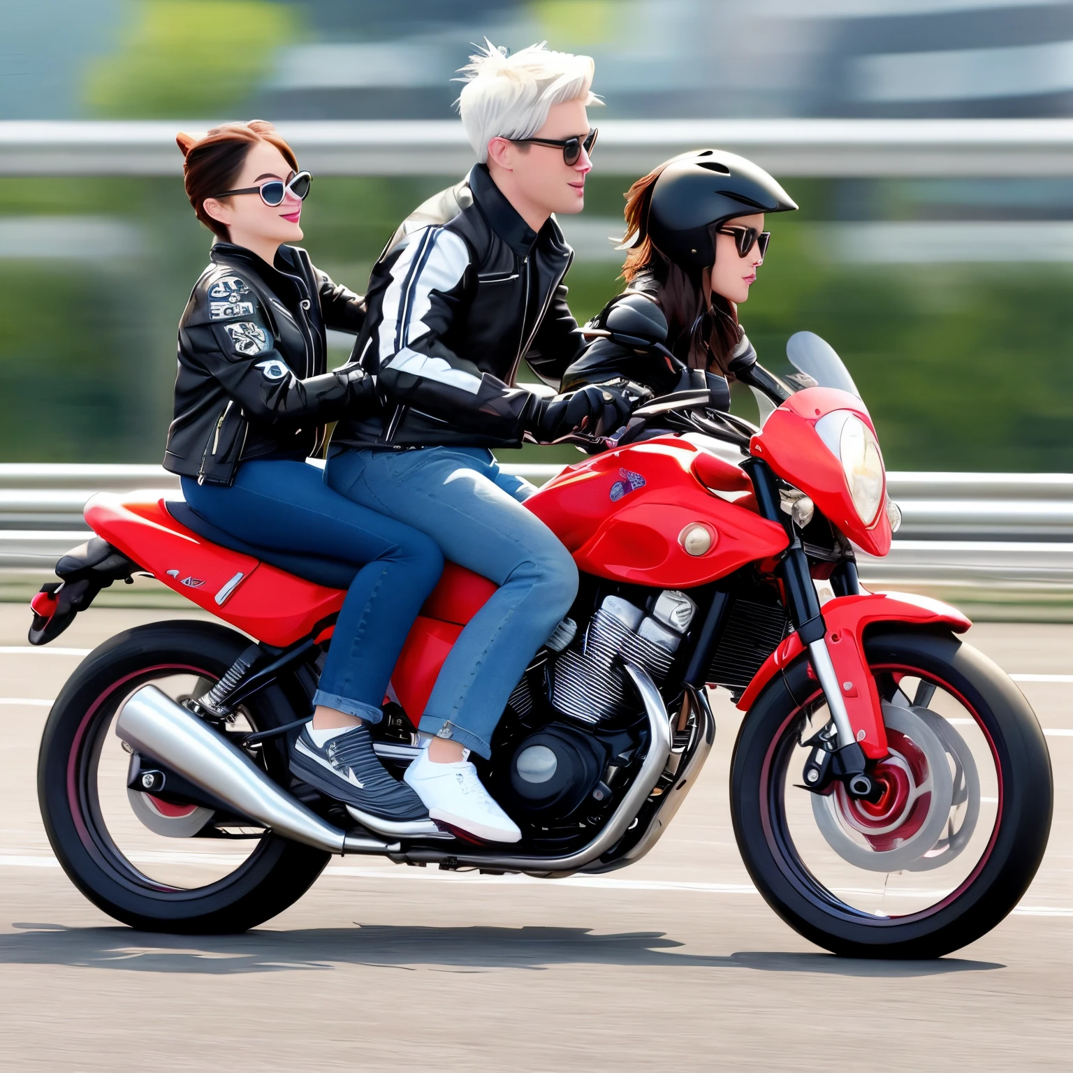 Disney Pixar characters a couple is riding a naked bike on the highway at the Rawang flyover.a handsome man with stylish hair, wearing sunglasses, wearing a black and white motorcycle jacket with red and blue cyan stripes, motorcycle gloves, jeans and sports shoes. While a woman with short hair to chin level, wearing cute glasses, wearing a jacket black motorcycle with pink stripes, jeans and sports shoes.