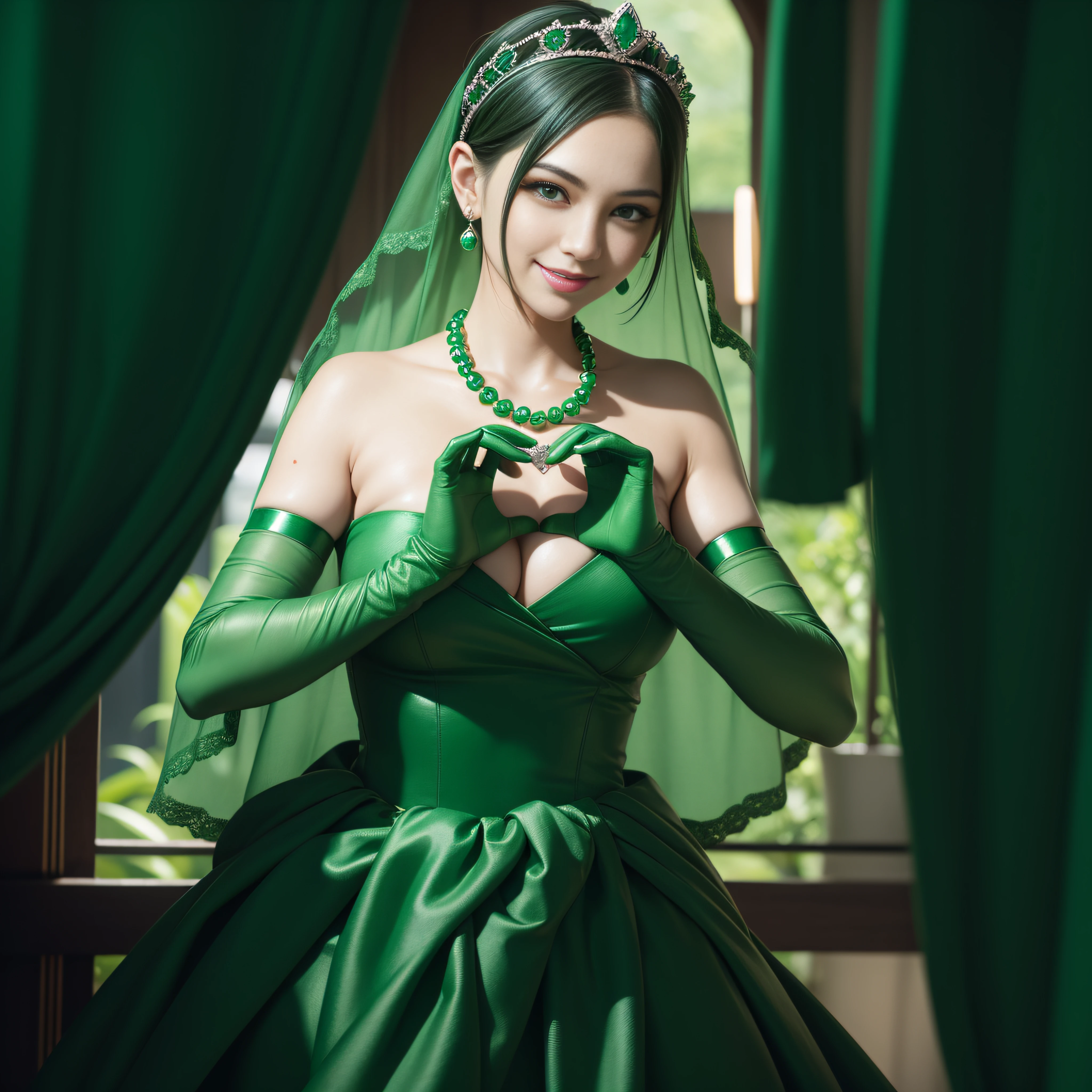 emerald tiara, Green Pearl Necklace, Boyish very short green hair, lipsticks, Japan woman smiling, very short short hair,  big breasts beautiful, Green eyes, Long green gloves made of satin material, Green eyes, Emerald Earrings, green vale, Heart with both hands