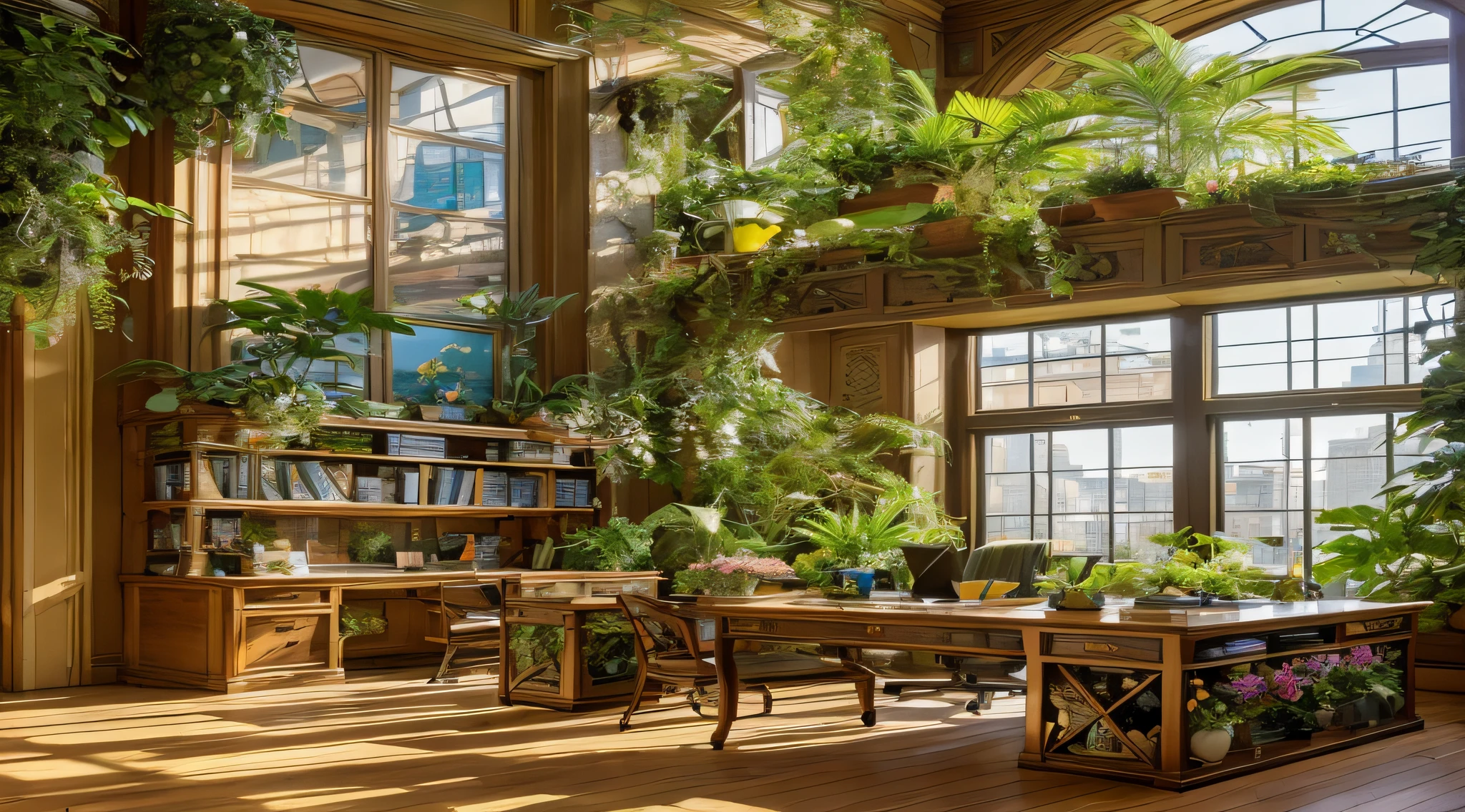 Foto Architectural Digest de um verde maximalista {vaporwave/steampunk/solarpunk} ((Home office)) com flores e plantas, luz dourada, biblioteca,escada de madeira,surrealismo hiperrealista, award-winning masterpiece with incredible detail, epic stunning