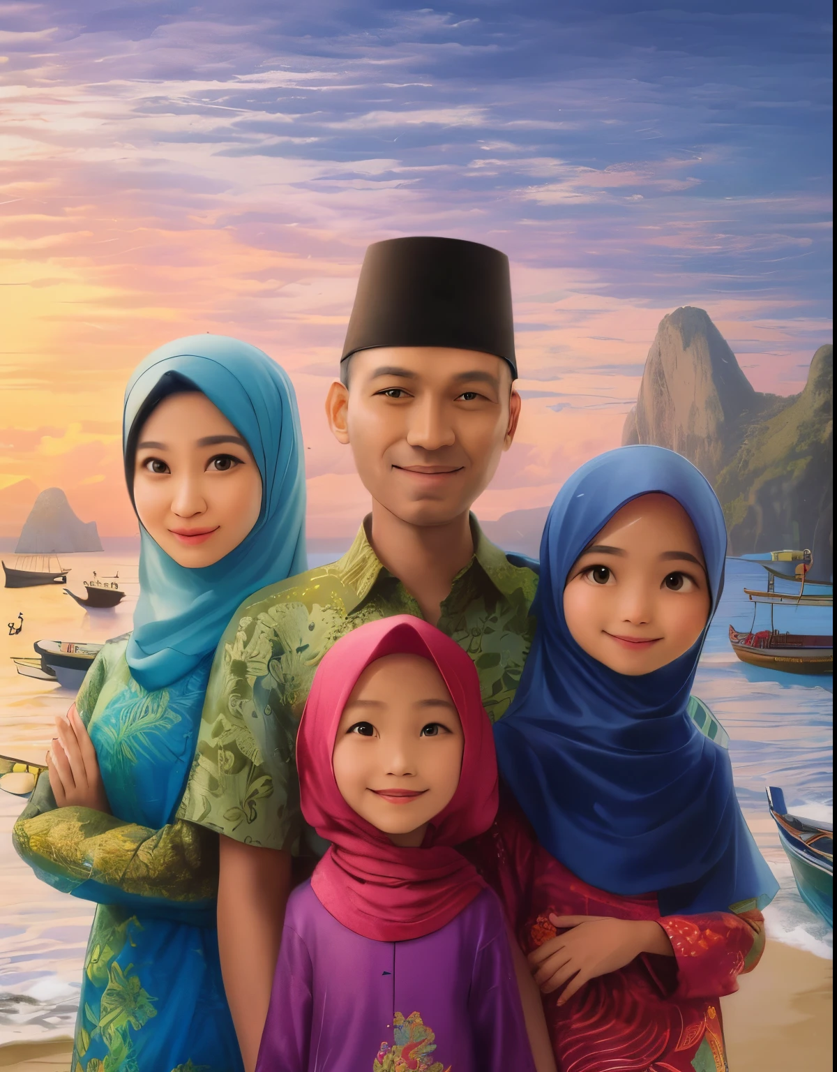 arafed family standing in front of a body of water, an indonesian family portrait, animated film, ‘raya and the last dragon’ etc, animated movie, inspired by Altoon Sultan, inspired by Ismail Acar, happy family, uhd realistic faces, realism artstyle, inspired by Rudy Siswanto, ismail, 3 d animated movie, animation film,Make a poster in the style of a Pixar Disney cartoon film, a Muslim family from Indonesia wearing batik, there is a father and mother and 2 daughters aged 15 and 12 years, with a background Beautiful beach with fishing boats on the coast and nice views, with cinematography lighting, Make a poster in the style of a Pixar Disney cartoon film, a Muslim family from Indonesia wearing batik, there is a father and mother and 2 daughters aged 15 and 12 years, with a background Beautiful beach with fishing boats on the coast and nice views, with cinematography lighting