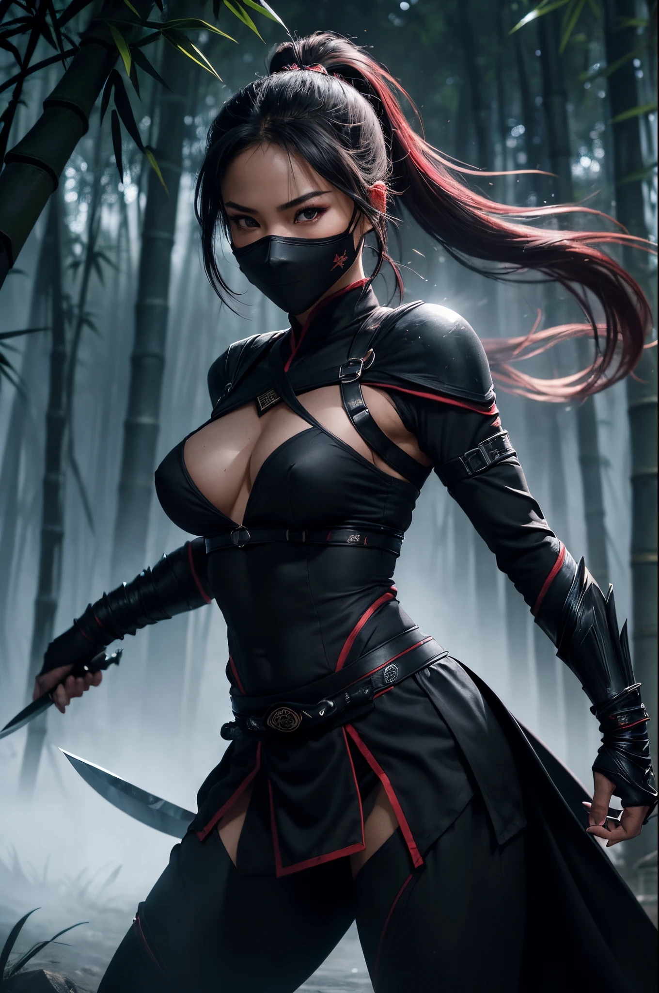 8K,Fantasia、Female ninja、complete ninja outfit、(Tight ninja clothes)、tight black and red skirt(ultra precise detailed)(Exposure of ninja clothes)、(Masked Face)、(Quick movement)、(stealth)、(mystical)、(arma)、(knifes)、(shuriken)、(daggers)、(short knife)、(shuriken)、(Graceful pose)、(dusk setting)、(Moonlit sky)、(Enchanting shadows)、((magical aura))、(daring acrobatics)、(ninja star)、(Quiet footsteps)、(Highly skilled)、(dedicated warrior)、(invisible assassin)、(ninja headquarters)、(hidden passage)、(bamboo forrest)、(intricate-detail)、(secret glance)、(impressive crimson eyes)、(Intense focus)、(epic battle scene)、(Mystical powers)、(rippling muscles)、(Fierce determination)、(Warrior spirit)、(exhilarating action)、(ancient tradition)、(unbreakable code)、(fearless guardian)、(unparalleled combat skills)、(constant vigilance)、(invisible protector)、(top-quality、ultra-detailliert、hight resolution、physically-based renderingt:1.2)、(immersive lighting)、(vivd colour)、(Dynamic composition)、(masterpiece)。Fantasyart、Female ninja、complete ninja outfit、(tight ninja uniform)、The is a uniform、Nipples are uniform、arma、lush bamboo forest,