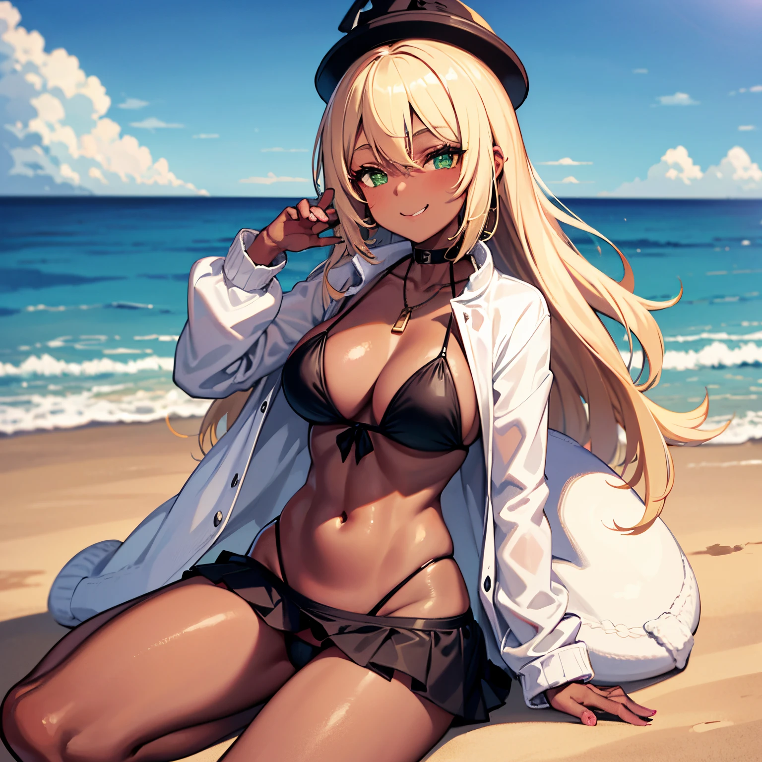 Young girl, black skin, blonde hair, long hair, green eyes, wearing puffer pink coat, white hat, black bikini, smiling, in a beach, sunset, 4k, mastepriece, gyaru,