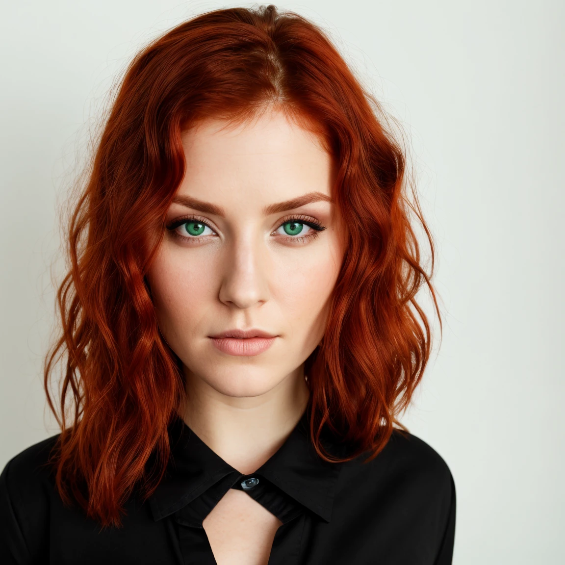 front view, looking at camera, RAW photo,((black shirt:1.2)), ((portrait)),beautiful red hair 30 years old woman, green eyes, perfecteyes eyes, ((white background:1.2)), studio lighting, high quality, film grain, Fujifilm XT3, centralized