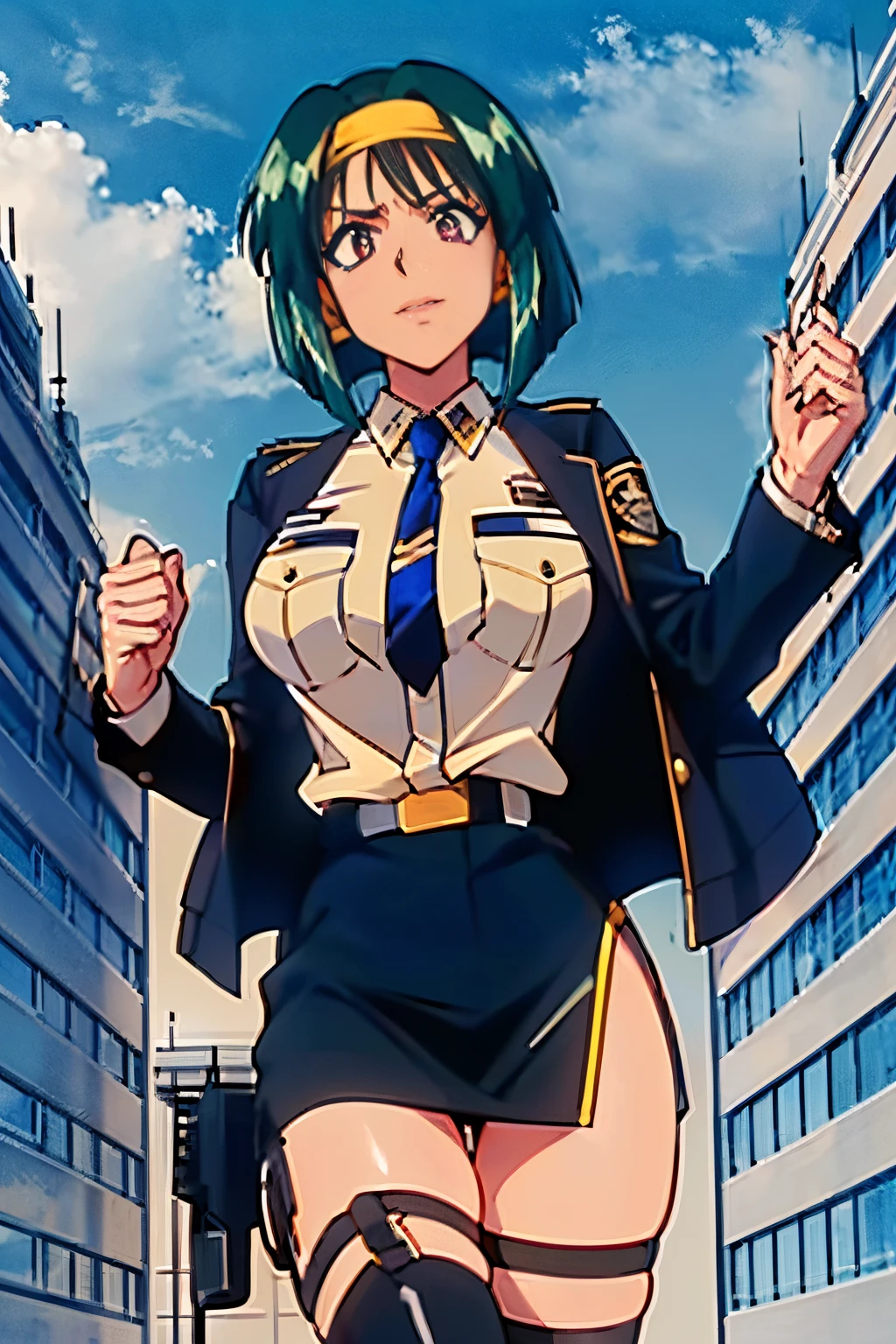 masterpiece, ultra detailed, 3d, anime, 3dmm, !(Maya Jingu is a beautiful police girl who has green hair, straight and short to her neck, tied up with a yellow ribbon. His eyes are light violet. Her skin is light and her face is oval. Her body is slender and voluptuous.
She wears a dark blue police uniform with a white shirt underneath, a black tie, a short skirt, black stockings, and black shoes. He also wears a black leather jacket with the Warrior Team logo on the back, a belt with a holster for his gun, and an earpiece.)