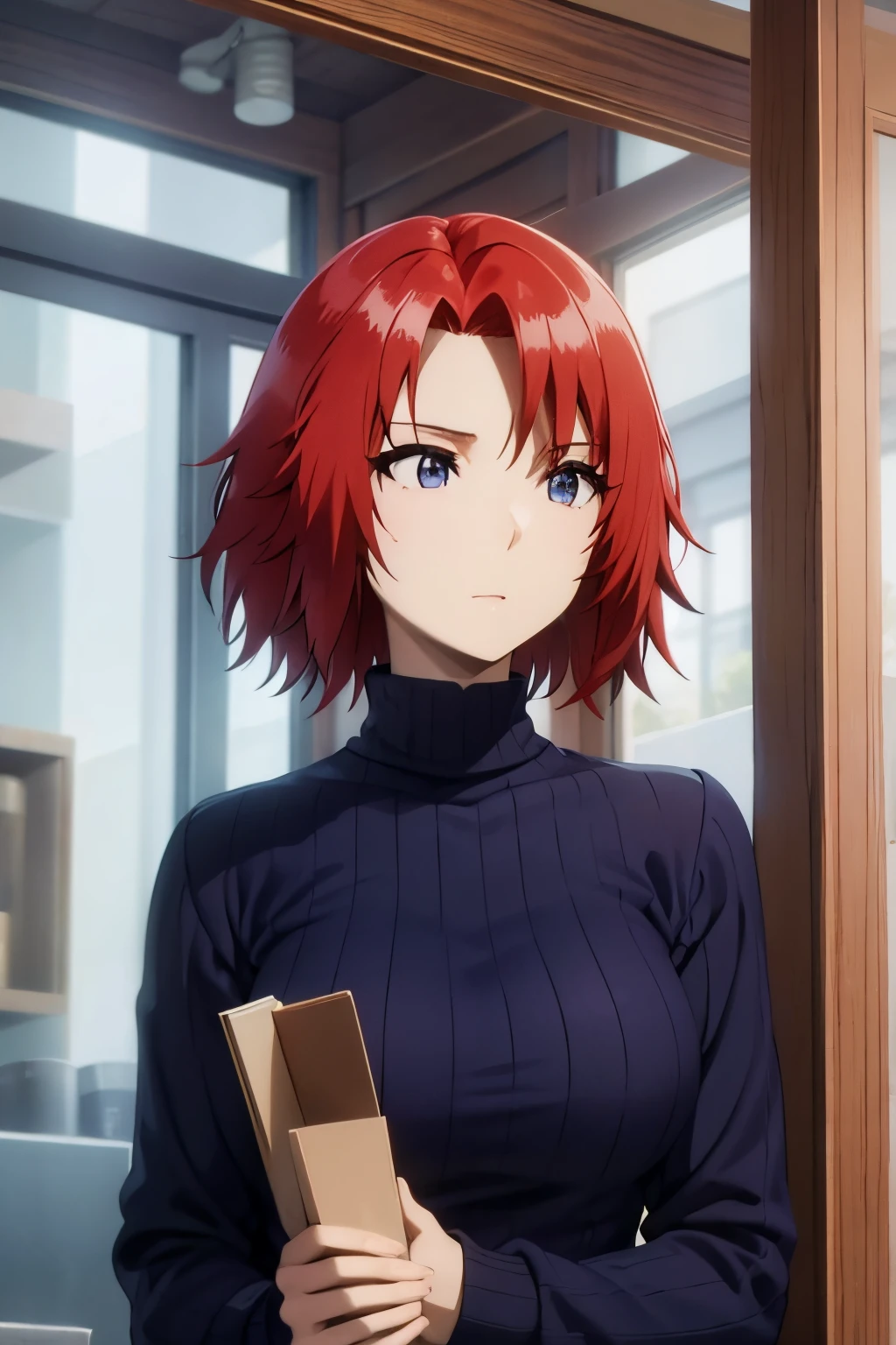 redhead hair, blue sweater, The woman, short hair, Cinnamon eyes