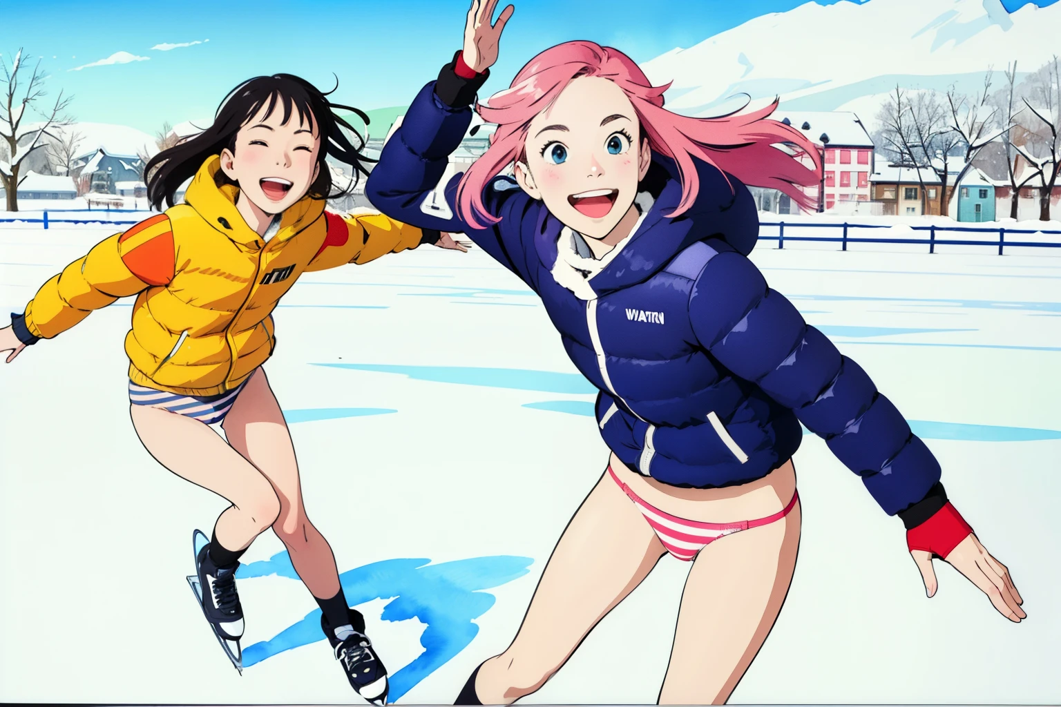 (superflat, flat shading, flat colors), 2girls, , teenwn jacket, (striped panties), no skirt, long hair, ice skating, smile, laugh, fun, play, dynamic pose, winter, snow, bright, wide angle, vibrant colors, watercolor, ghibli style