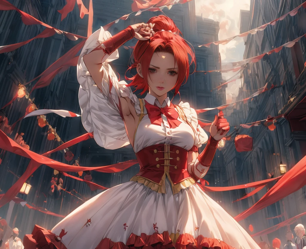 chica anime con el pelo rojo corto y una corbata posando para una foto, Personaje de King of Fighters, vanessa, protagonista femenina 👀 :8, Arte oficial del personaje, Personaje del juego de lucha, arte oficial de SNK, un solo personaje, con un fondo de dojo de lucha