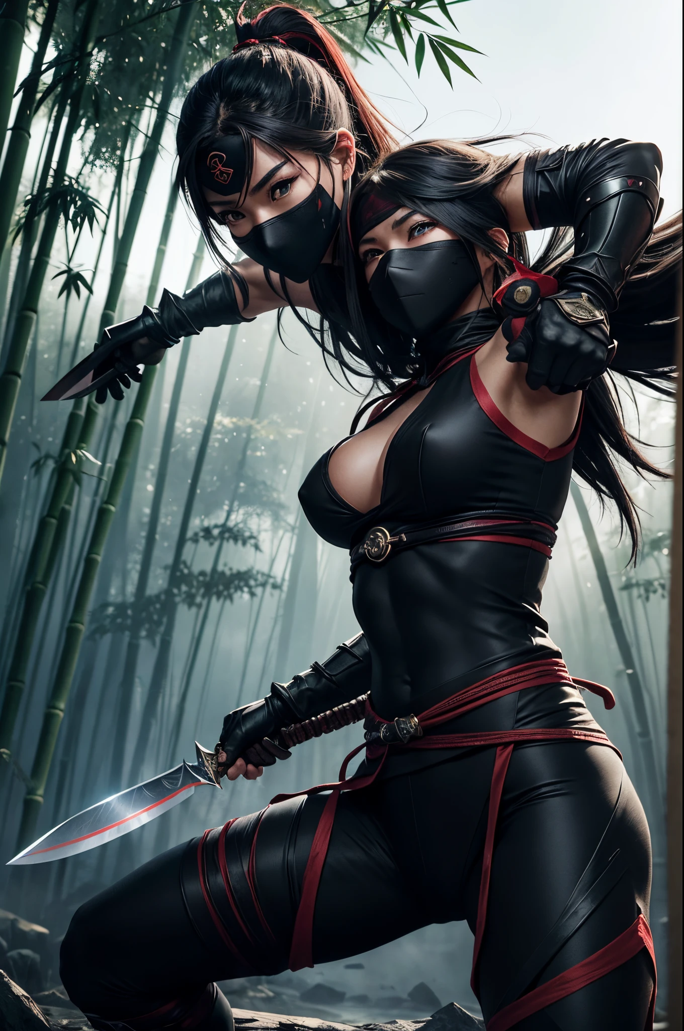8K,Fantasia、Female ninja、complete ninja outfit、tight black and red ninja outfit(ultra precise detailed)、tight black and red skirt(ultra precise detailed)(Exposure of ninja clothes)、(Masked Face)、(Quick movement)、(stealth)、(mystical)、(arma)、(knifes)、(shuriken)、(daggers)、(short knife)、(shuriken)、(Graceful pose)、(dusk setting)、(Moonlit sky)、(Enchanting shadows)、((magical aura))、(daring acrobatics)、(ninja star)、(Quiet footsteps)、(Highly skilled)、(dedicated warrior)、(invisible assassin)、(ninja headquarters)、(hidden passage)、(bamboo forrest)、(intricate-detail)、(secret glance)、(impressive crimson eyes)、(Intense focus)、(epic battle scene)、(Mystical powers)、(rippling muscles)、(Fierce determination)、(Warrior spirit)、(exhilarating action)、(ancient tradition)、(unbreakable code)、(fearless guardian)、(unparalleled combat skills)、(constant vigilance)、(invisible protector)、(top-quality、ultra-detailliert、hight resolution、physically-based renderingt:1.2)、(immersive lighting)、(vivd colour)、(Dynamic composition)、(masterpiece)。Fantasyart、Female ninja、complete ninja outfit、(tight ninja uniform)、The is a uniform、Nipples are uniform、arma、lush bamboo forest,Golden decoration,