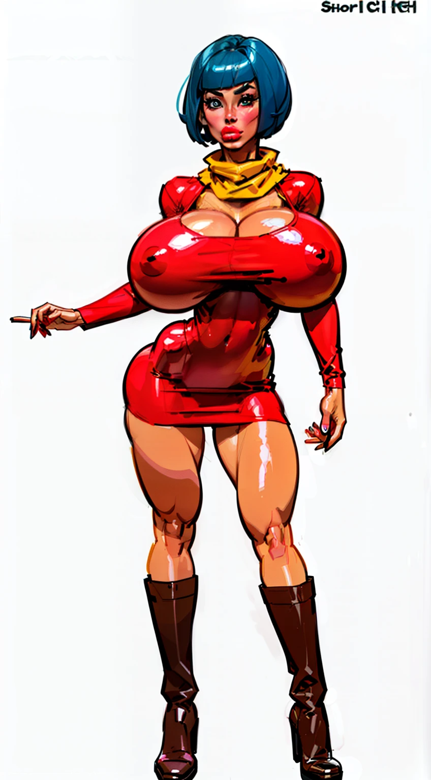 ((masterpiece)),(((best quality))),((character design sheet)), ((bulma), ((full body view)) mature face, (aqua blue hair),((asian eyes:1.4)), (short brown boots), (blunt bobcut), defined cheekbones, high cheekbones, illustration, muscular, sexy bimbo, (gigantic breasts:1.7) blue hair, ((detailed face:1.4)) beautiful woman, (yellow scarf:1.2), (white skin:1.4) , (red lipstick:1.4), shiny skin, scribbles and marks,(puffy lips:1.4) , rough sketches, pose, 8k,16k, (simple background, white background: 1.3) ((cool color palette)), ((red short dress))
