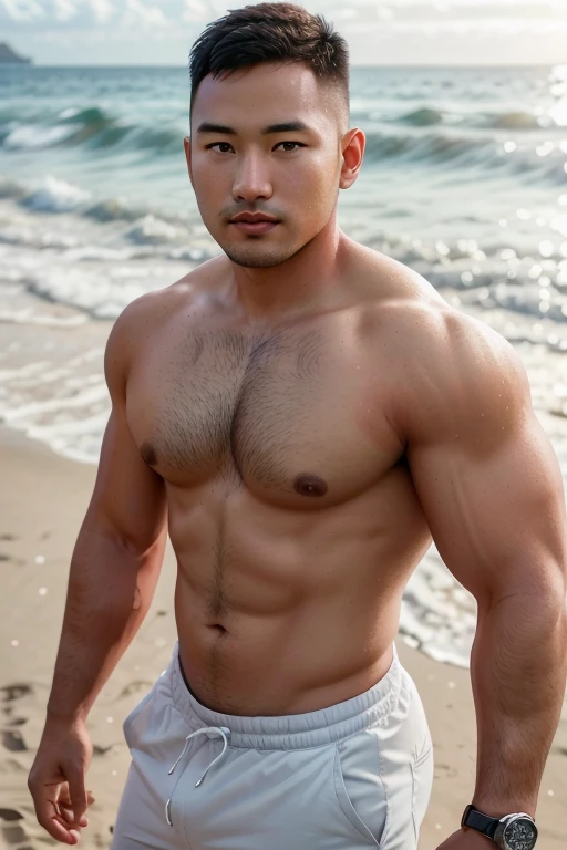 masterpiece, best quality, high resolution, realistic, handsome, photogenic, syahnk, SFW,  a photo of a 35 year old gym frat (man:1.2) portrait, standing at the beach, stunning , short buzzcut hair,stubble head , (hypermuscle),looking at the viewer, flirting with the camera, charming, (tight white gym shirt ),(GS-Masculine:1), 8K UHD, at the beach