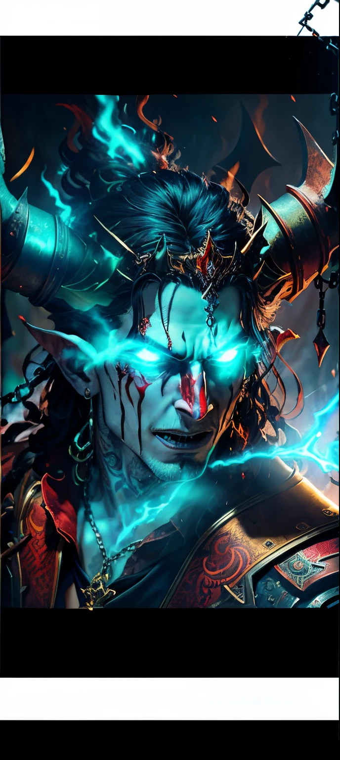 Movie CG, hades from the under world Tiflin, devils,disheed hair,Shogun,Peerless beauty,s girl,(Lord of Hell),Demon King,Tattooed with,the scars,Blood-red heavy armor,blood splattere,It has gold etching on it, (paleskin), blood spatter, horns on head, Cruel laughter,(Burning red eyes), , Red-blooded pentagram, Glowing Grimmore closes, summoning circle, Rusty chains, The illuminated temple of Satan, Lens flare, Axis, intricately details, Highly detailed, voluminetric lighting, 4K rendering, stockphoto, Ultra photo realsisim, Lifelike texture, Dramatic lighting, illusory engine
