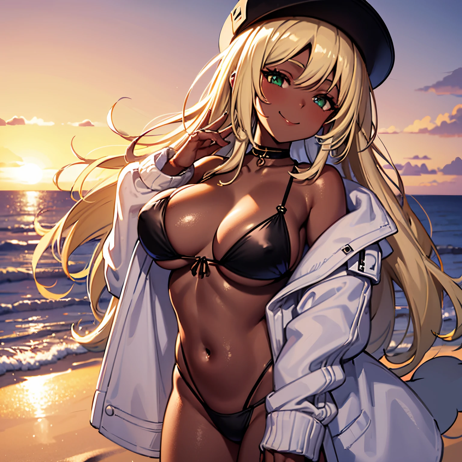 ung girl, black skin, blonde hair, long hair, green eyes, wearing a white jacket, white hat, black bikini, smiling, in a beach, sunset, 4k, mastepriece, gyaru,