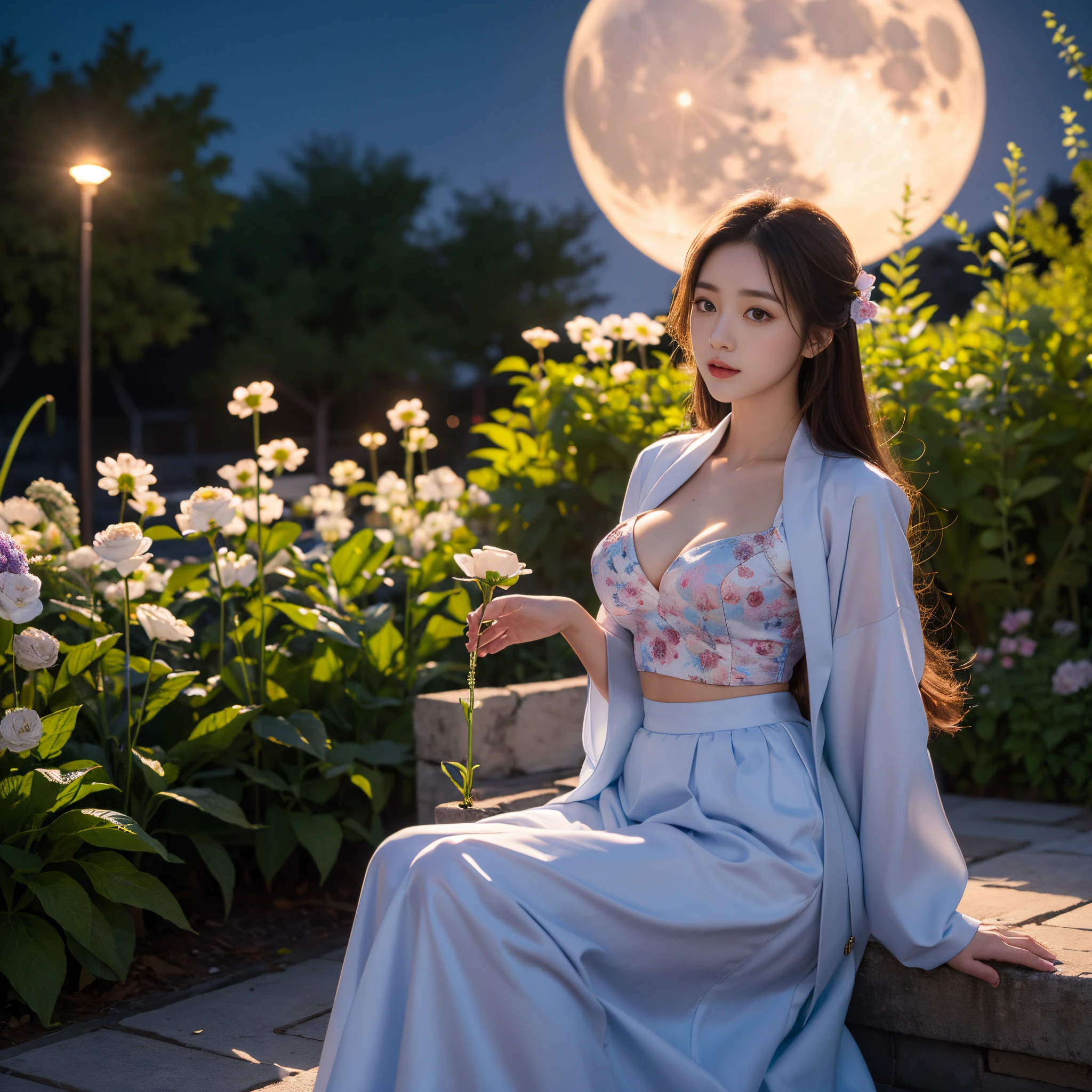 best quality, high_resolution, distinct_image, detailed background ,girl, hanbok,flower,garden,moon, night, cleavage, loose fit