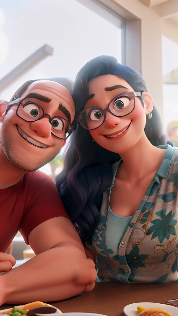 Disney Pixar style couple with glasses smiling in restaurant, alta qualidade, melhor qualidade